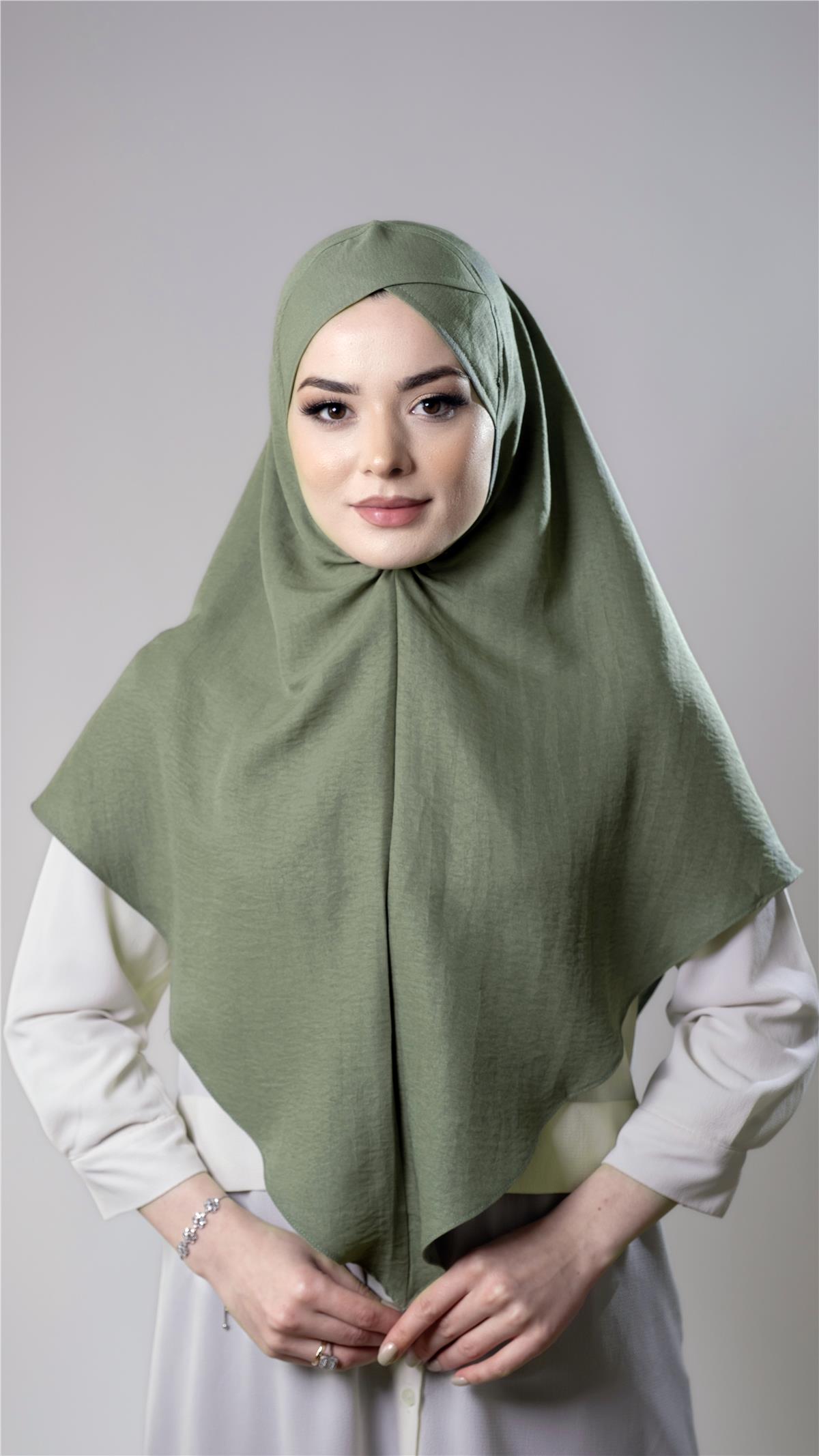 Fıstık Yeşili Pratik Hazır Geçmeli Tesettür Eşarp Pamuk Caz Kumaş Tek Katlı Çapraz Hijab - Hürrem Bone 2305_36