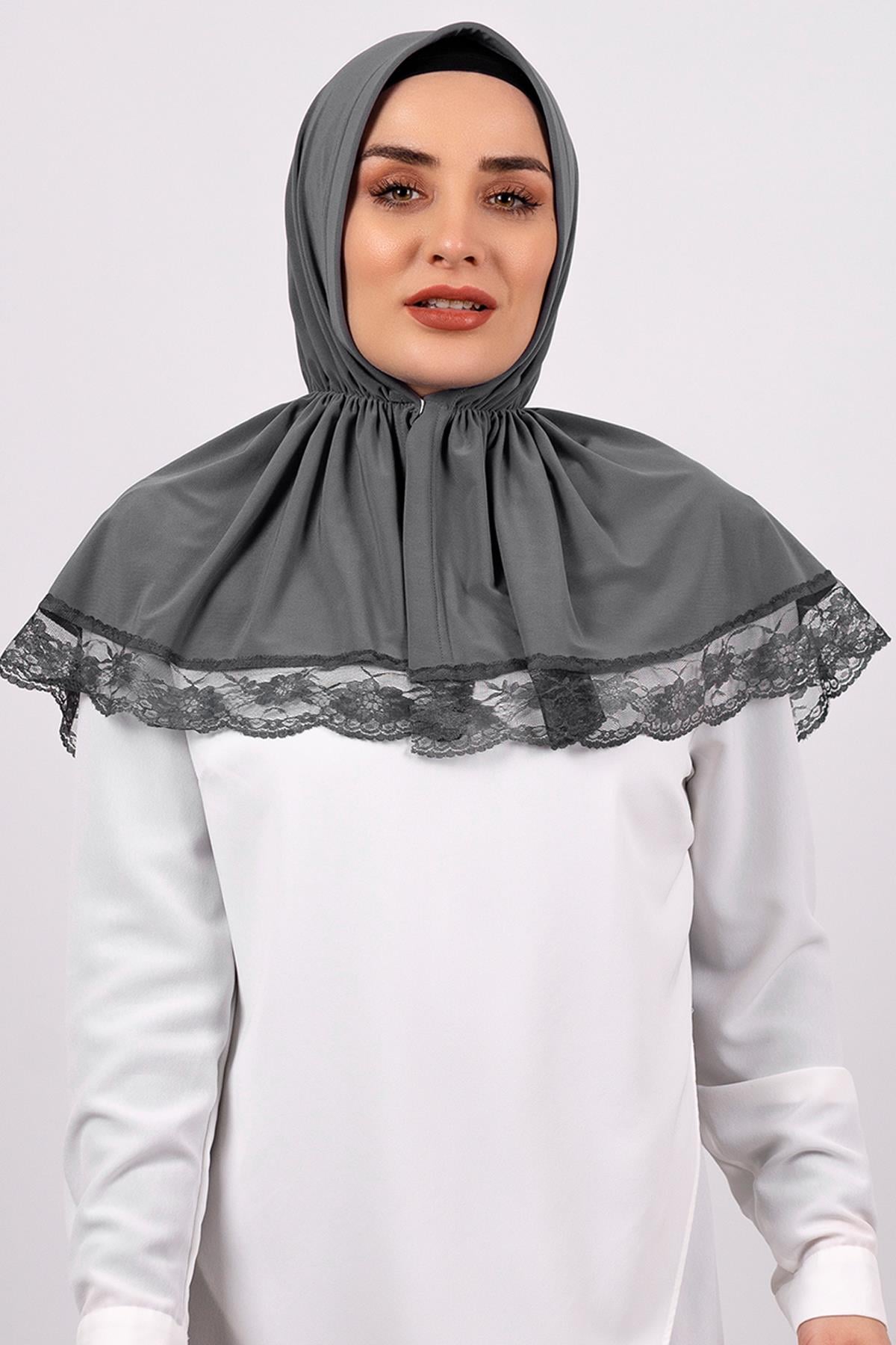 Füme Pratik Hazır Geçmeli Tesettür Eşarp Viskon Kumaş Çıtçıtlı Dantelli - Hürrem Bone 2105_25