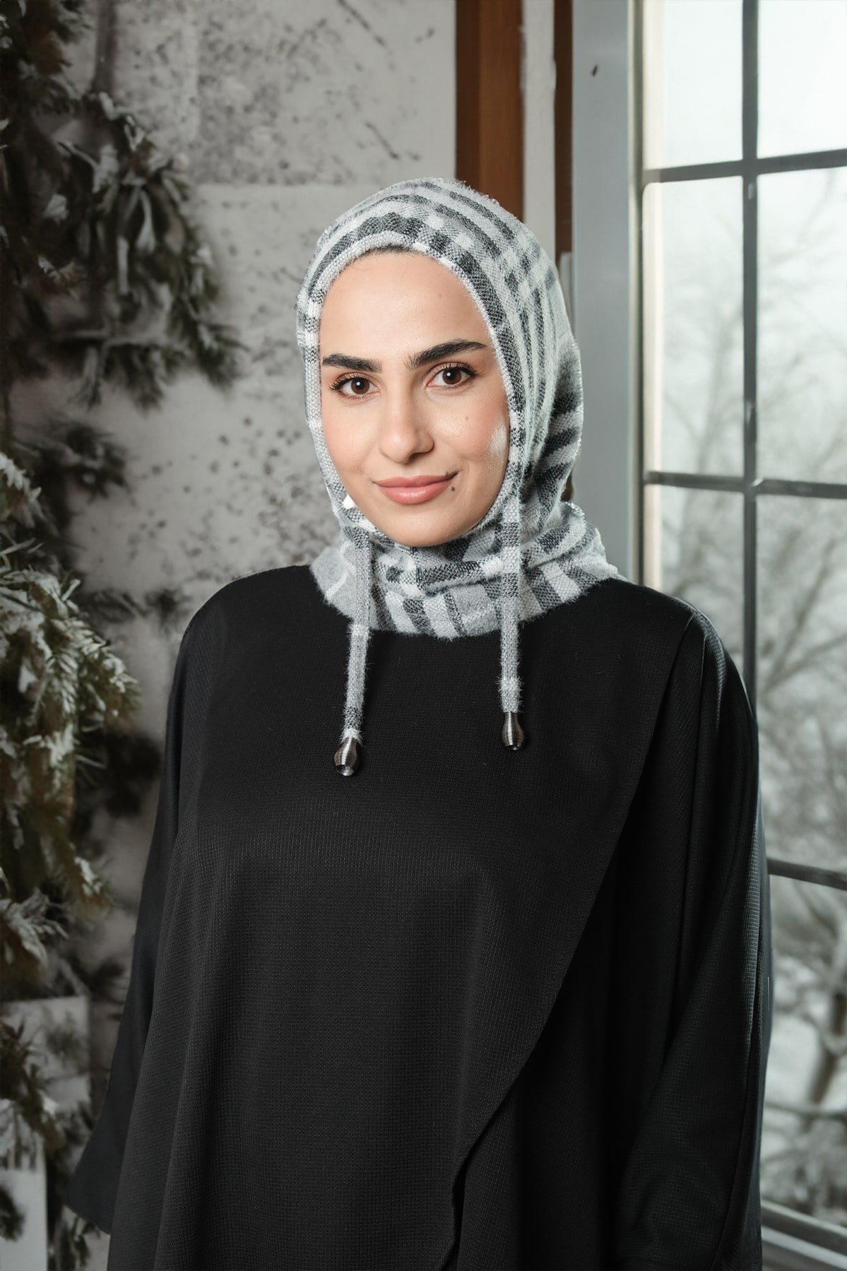 Gri Bağcıklı Balaklava Boyunluklu Bere Jakar Ekoseli - Hürrem Bone 2323_15