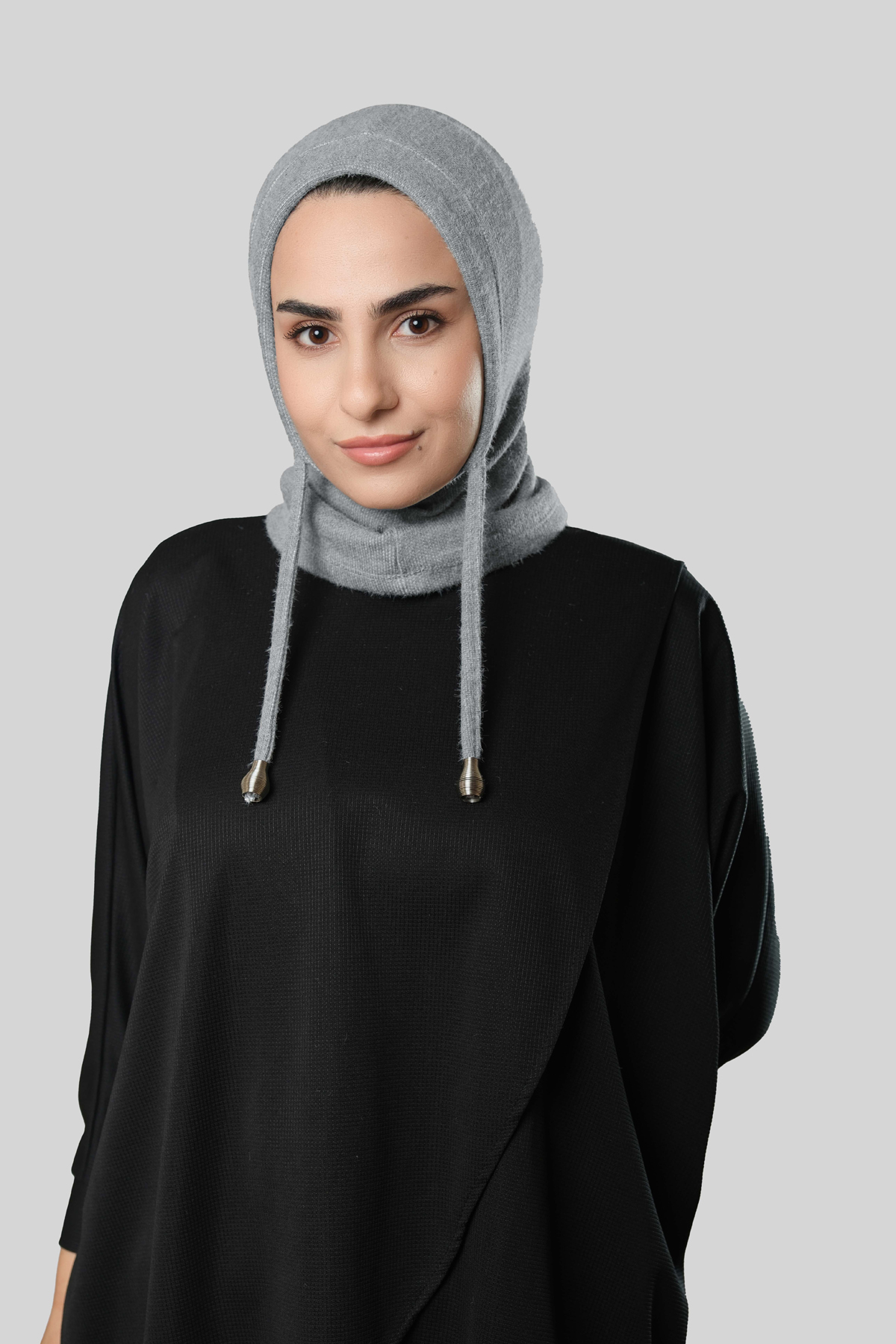 Gri Bağcıklı Peluş Balaklava Boyunluklu Bere Jakar Düz - Hürrem Bone 2327_15