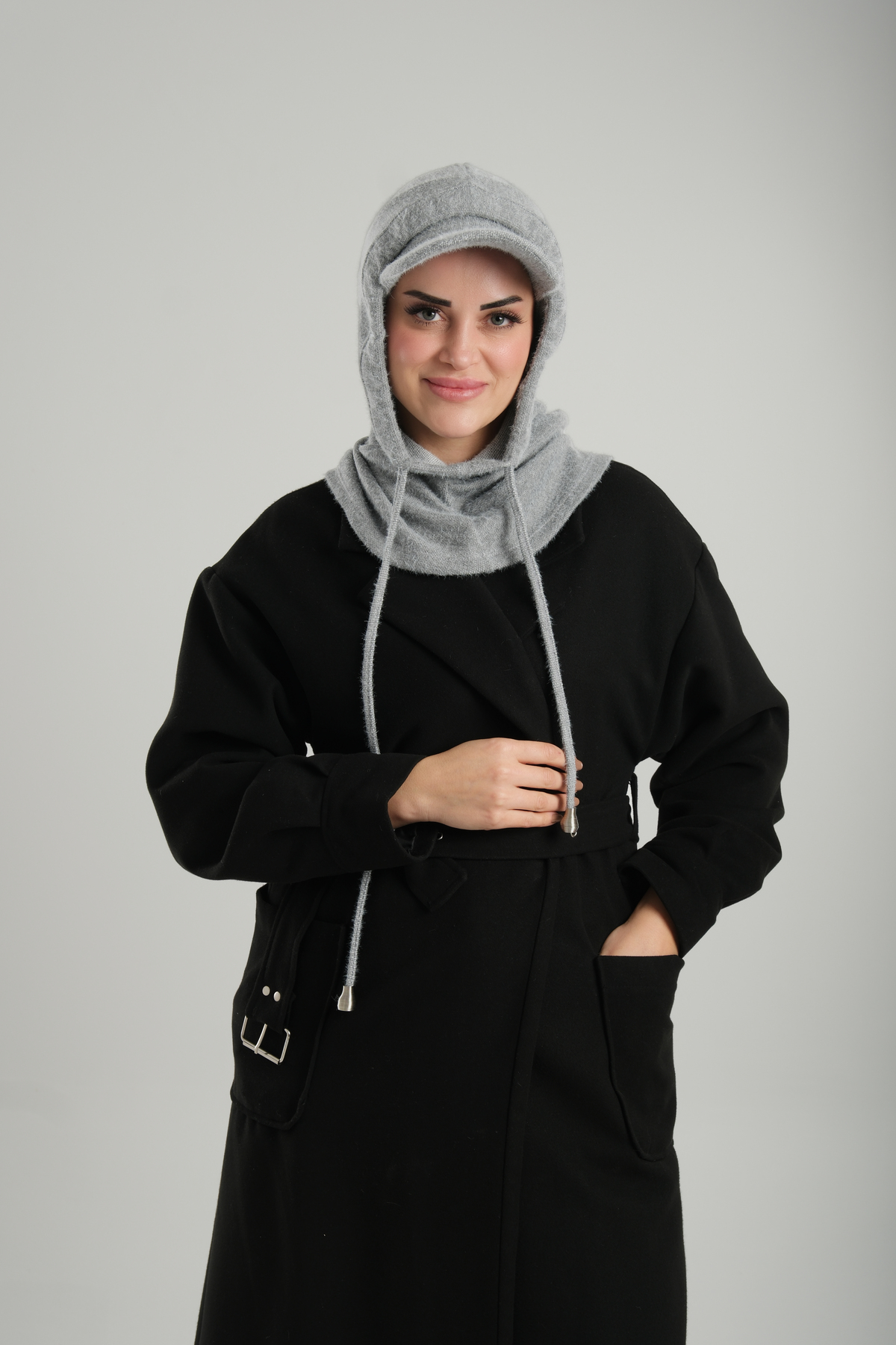 Gri Bağcıklı Peluş Salaş Şapkalı Balaklava Boyunluklu Bere Jakar Düz - Hürrem Bone 2332_15
