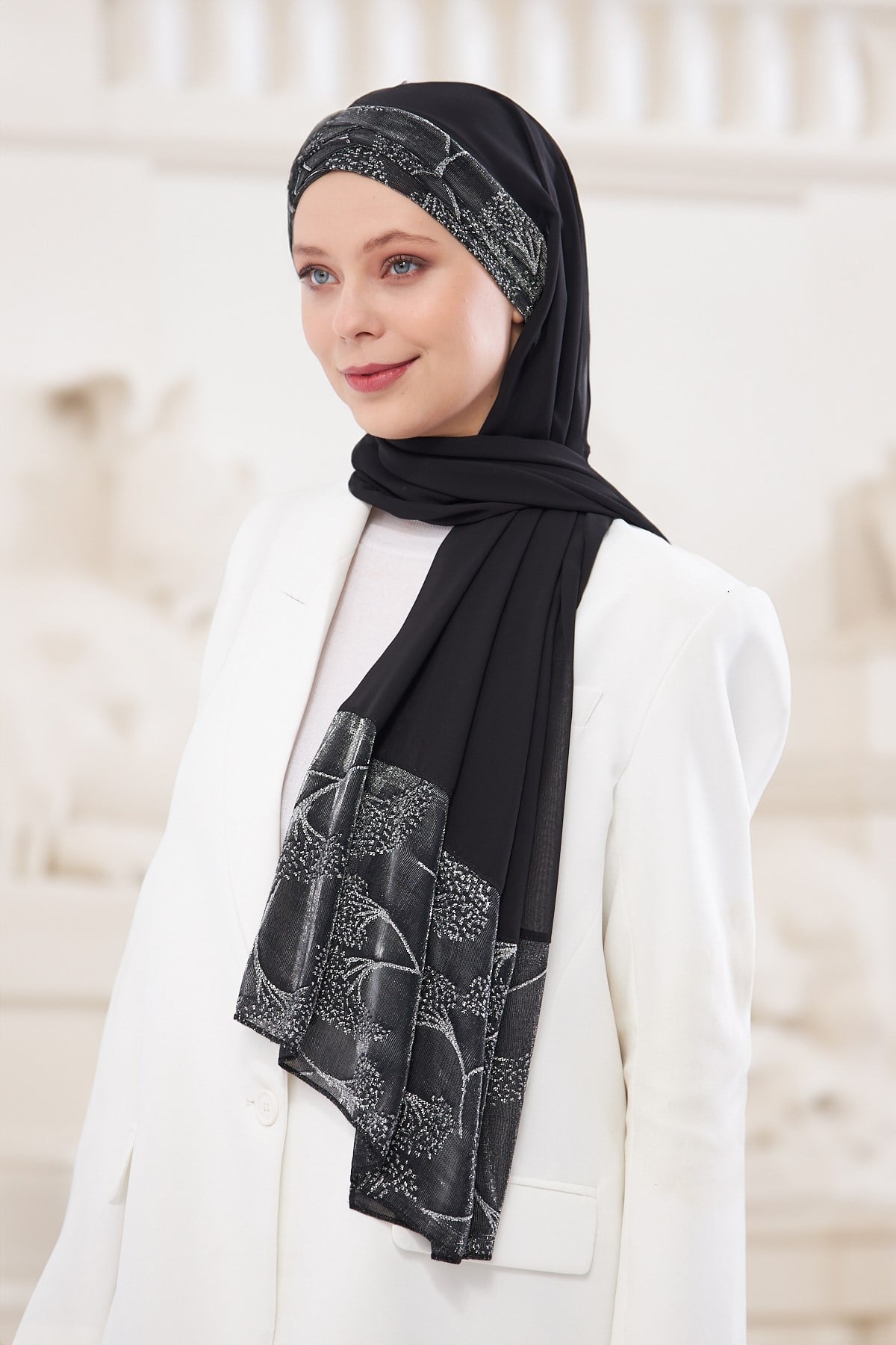 Gri Çapraz Arkadan Bağlamalı Şal Şifon Çiçek Desenli - Hürrem Bone 2330_15