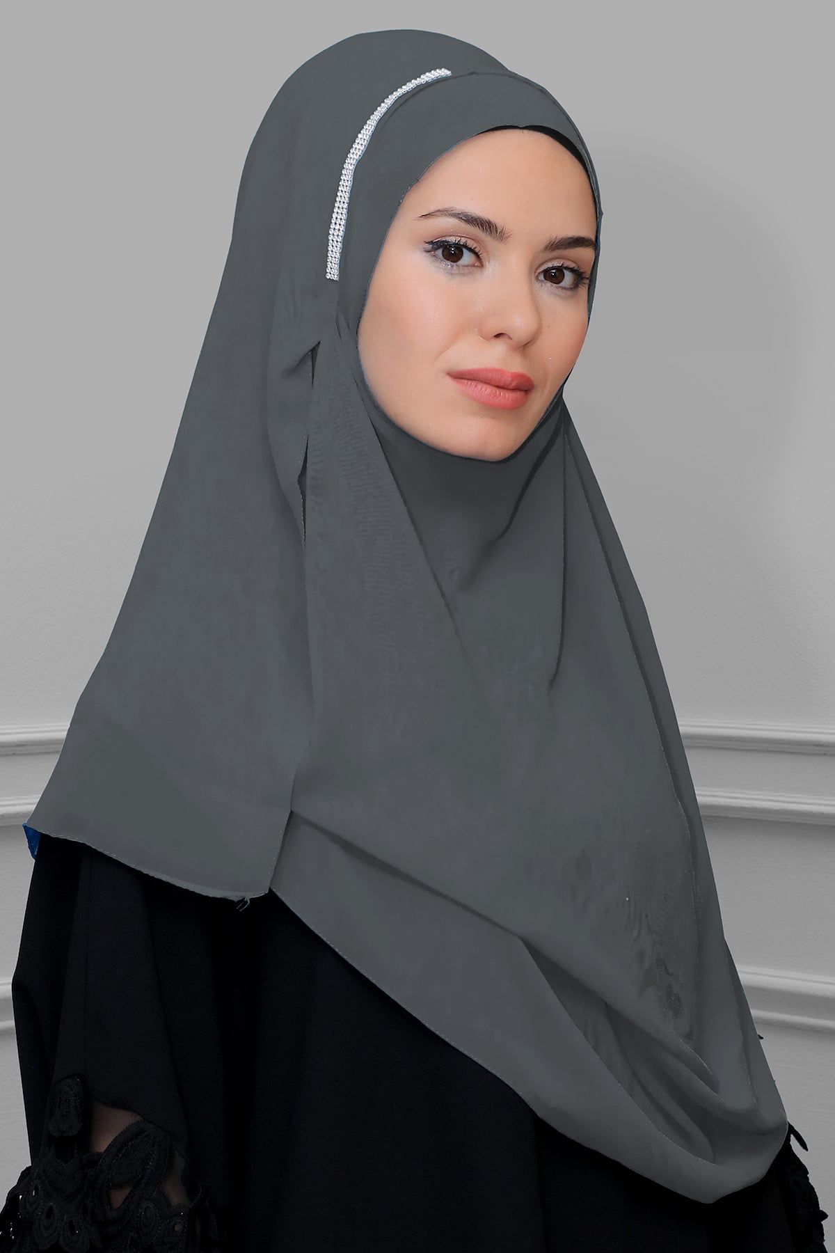 Gri Pratik Hazır Geçmeli Malezya Şal Şifon Taşlı - Hürrem 1850