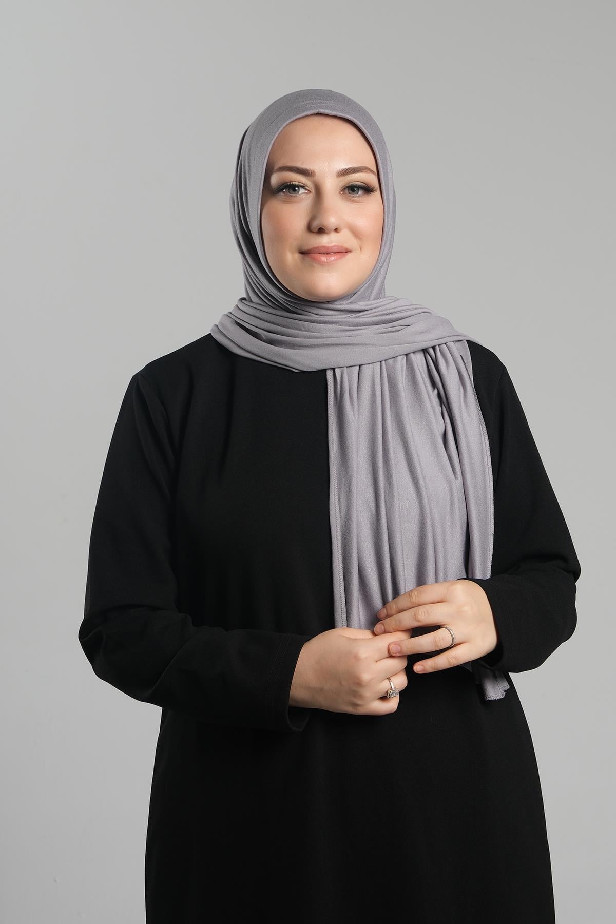Gri Pratik Hazır Geçmeli Şal Viskon Önü Süngerli Penye Şal - Hürrem Bone 2202_15