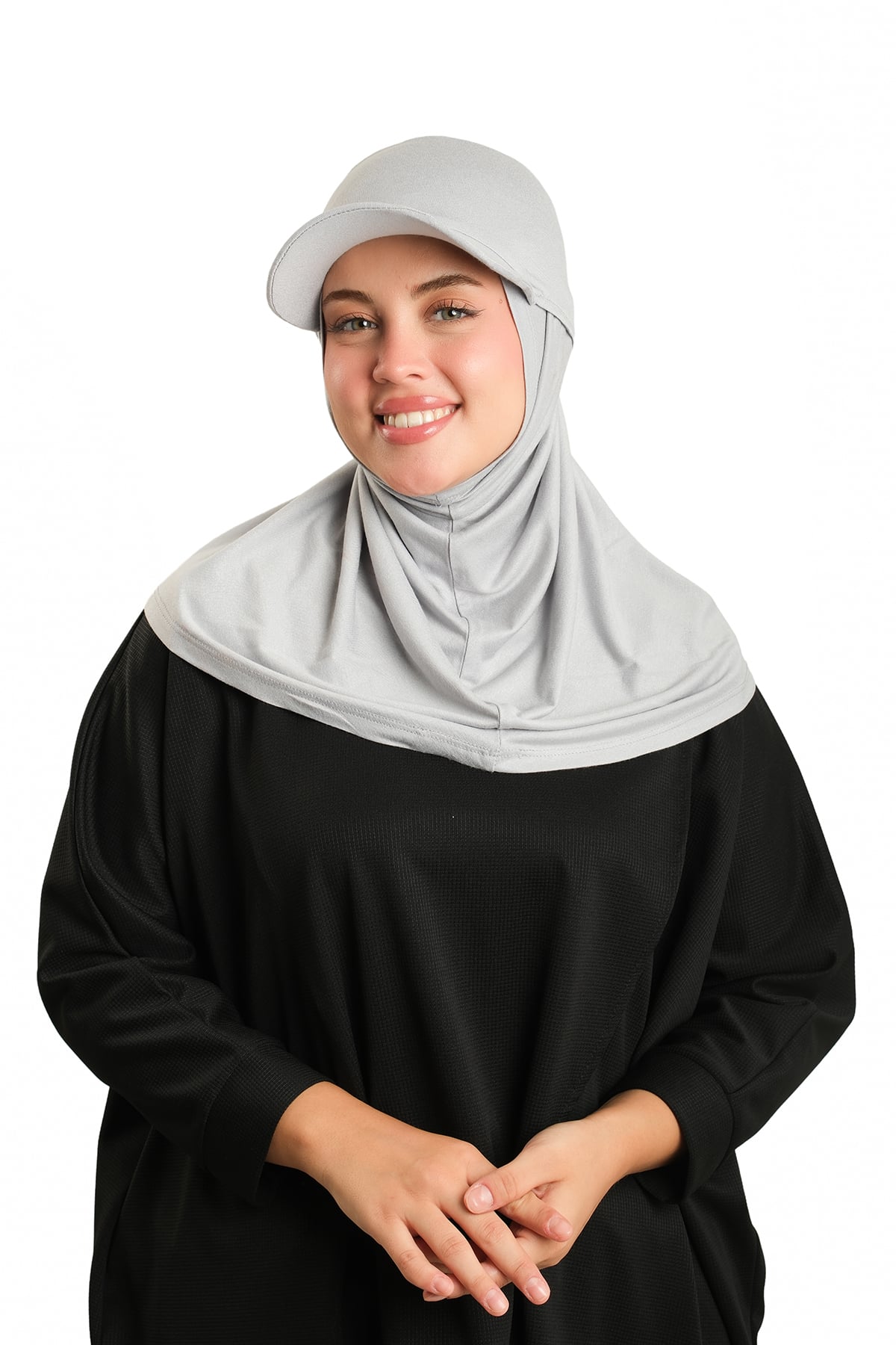 Gri Pratik Hazır Geçmeli Şapkalı Tesettür Eşarp Viskon Düz - Hürrem Bone 2513_15