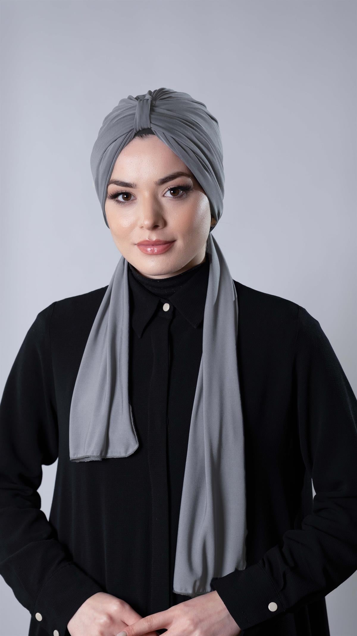 Gri Pratik Hazır Geçmeli Tesettür Bone Sandy Kumaş Atkılı  - Hürrem Bone 2204_15