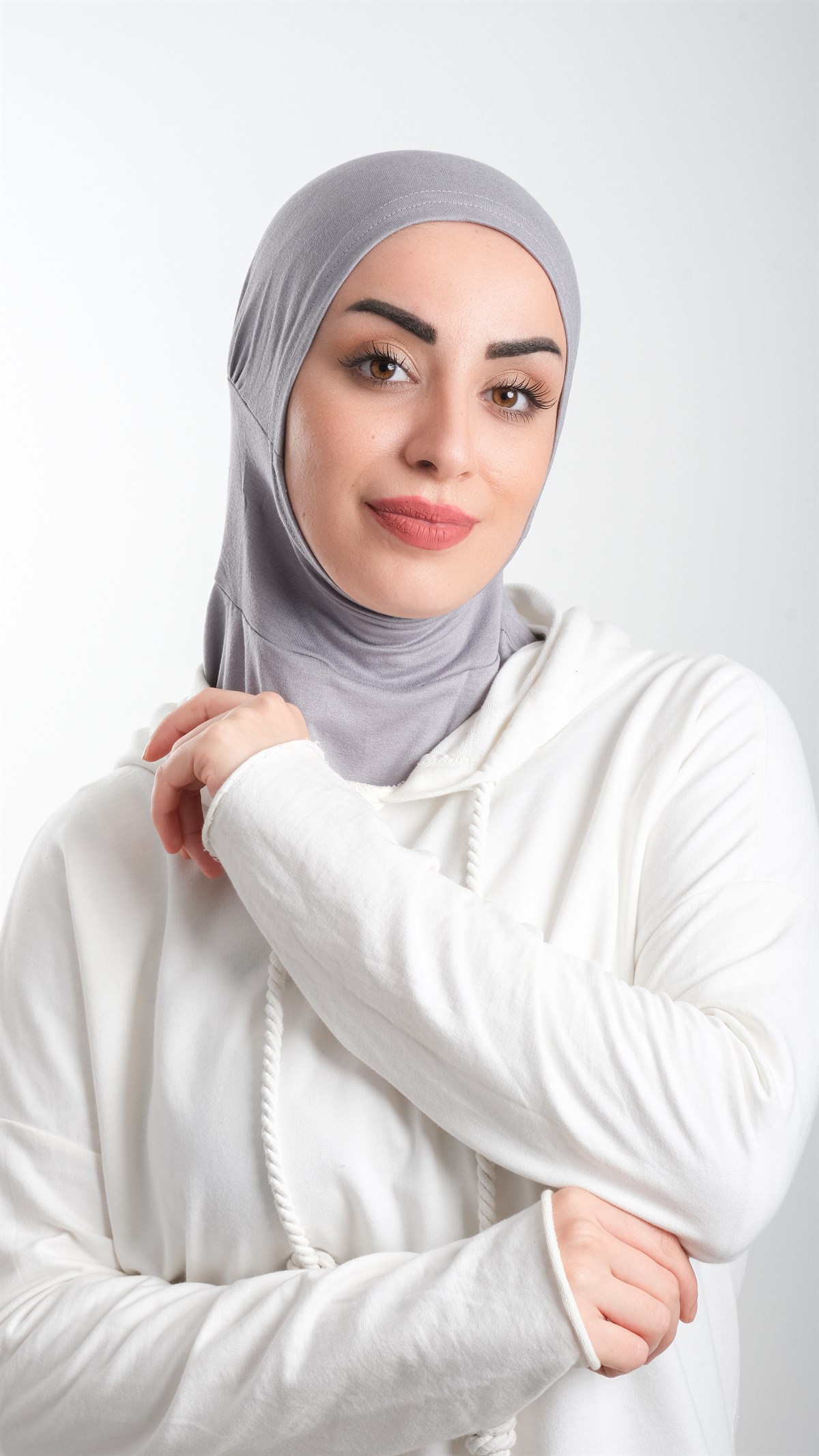Gri Pratik Hazır Geçmeli Tesettür Bone Sandy Kumaş Spor Hijab 2113_15