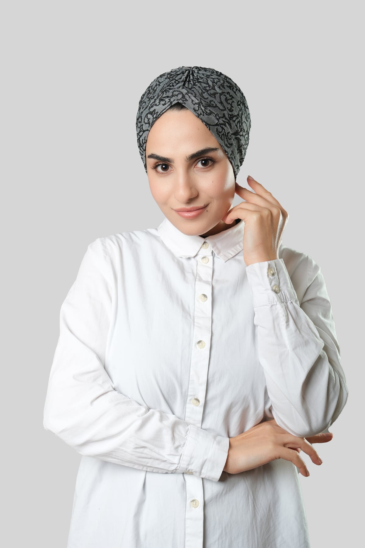 Gri Pratik Hazır Geçmeli Tesettür Bone Jakar Kendinden Desenli - Hürrem Bone 1209_15