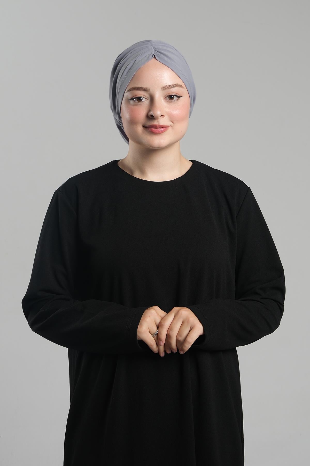 Gri Pratik Hazır Geçmeli Tesettür Bone Sandy Büzgülü Salaş - Hürrem Bone 2119_15