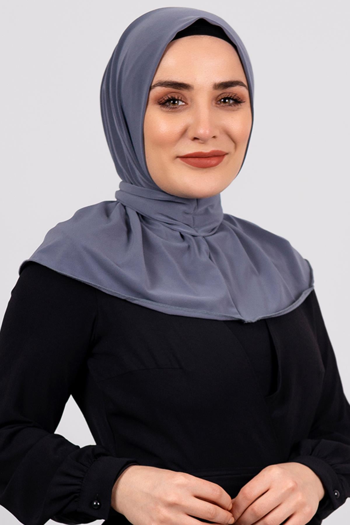 Gri Pratik Hazır Geçmeli Tesettür Eşarp Sandy Kumaş Arkadan Çıtçıtlı - Hürrem Bone 2101_15