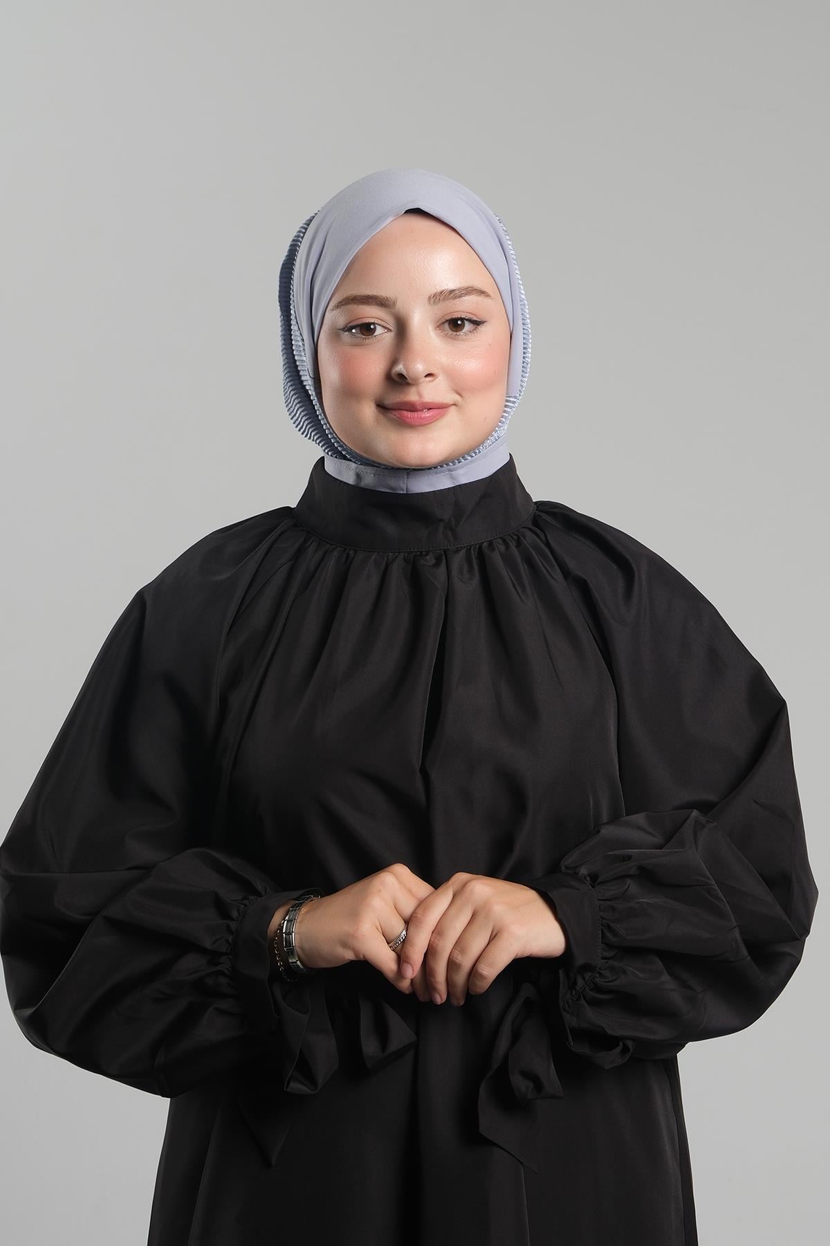 Gri Pratik Hazır Geçmeli Tesettür Eşarp Sandy Arkadan Çıtçıtlı Piliseli Hijab - Hürrem Bone 2406_15