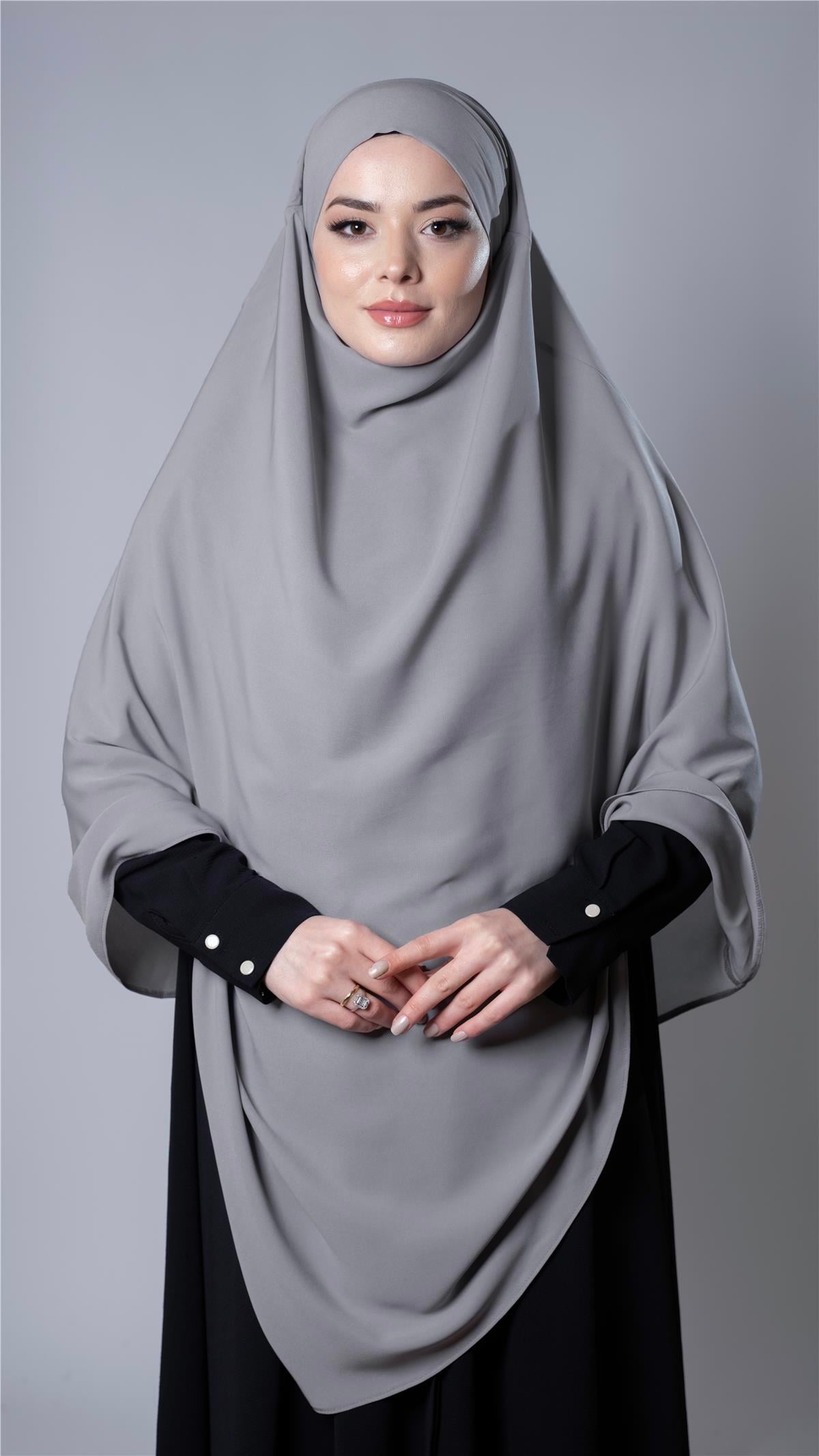 Gri Pratik Hazır Geçmeli Tesettür Eşarp Medine İpeği Kumaş Arkadan Bağlamalı Sufle Hijab - Hürrem Bone 2301_15