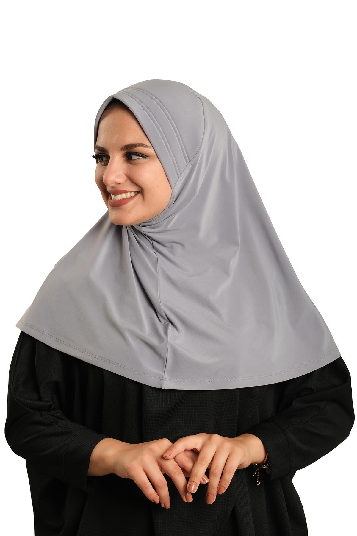 Gri Pratik Hazır Geçmeli Tesettür Eşarp Sandy Kumaş Sade - Hürrem Bone 1600_15