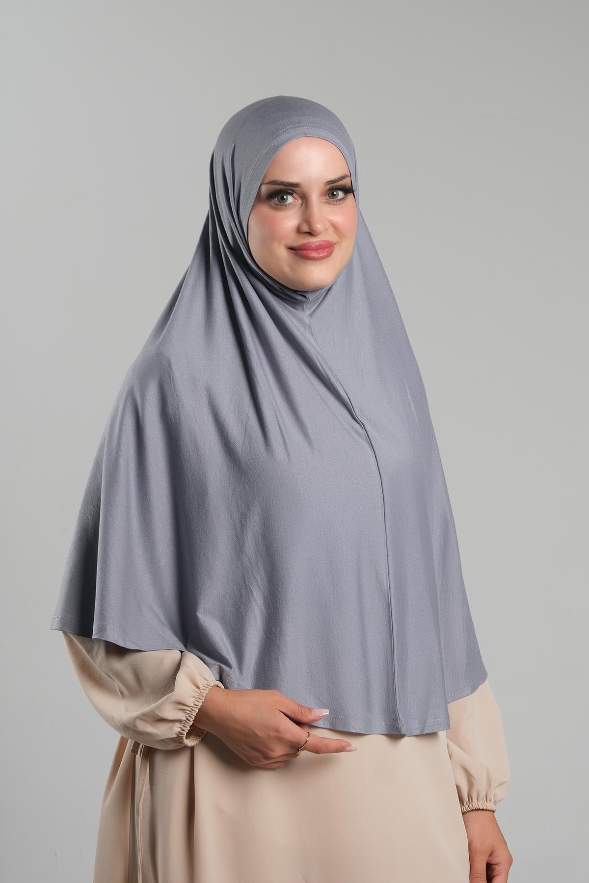 Gri Pratik Hazır Geçmeli Tesettür Eşarp Viskon Pratik Namaz Örtüsü - Hürrem Bone 2201_15