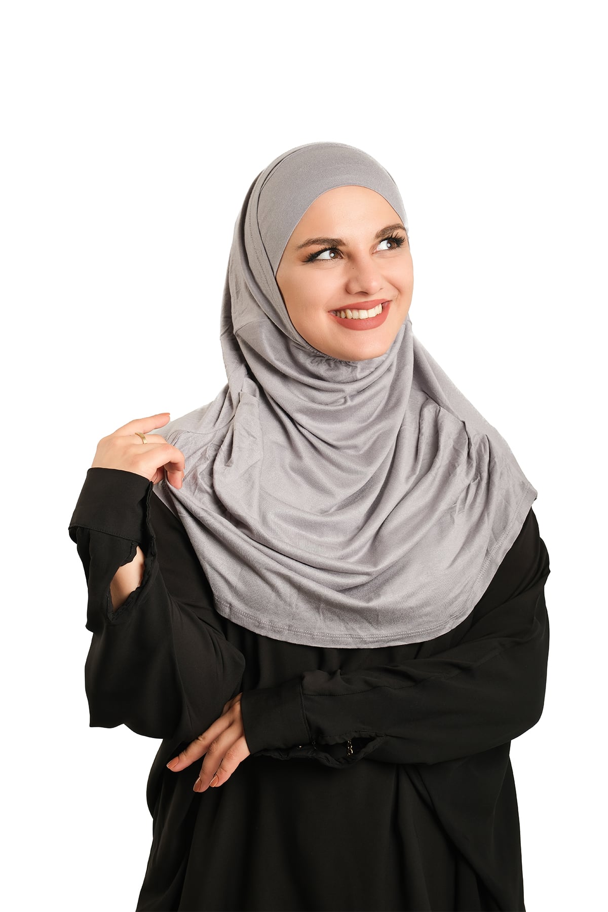 Gri Pratik Hazır Geçmeli Tesettür Eşarp Viskon Boneli Büyük Boy - Hürrem Bone 1290BV_15