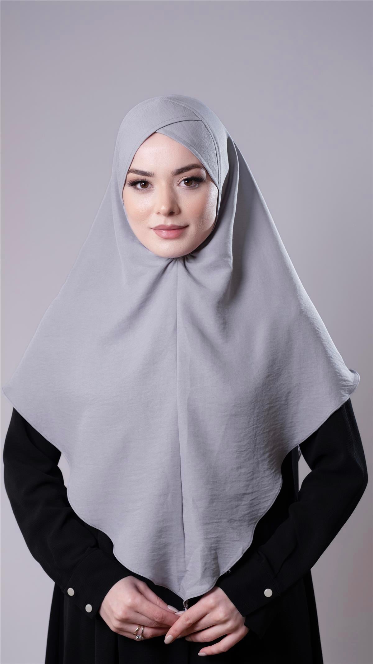 Gri Pratik Hazır Geçmeli Tesettür Eşarp Pamuk Caz Kumaş Tek Katlı Çapraz Hijab - Hürrem Bone 2305_15