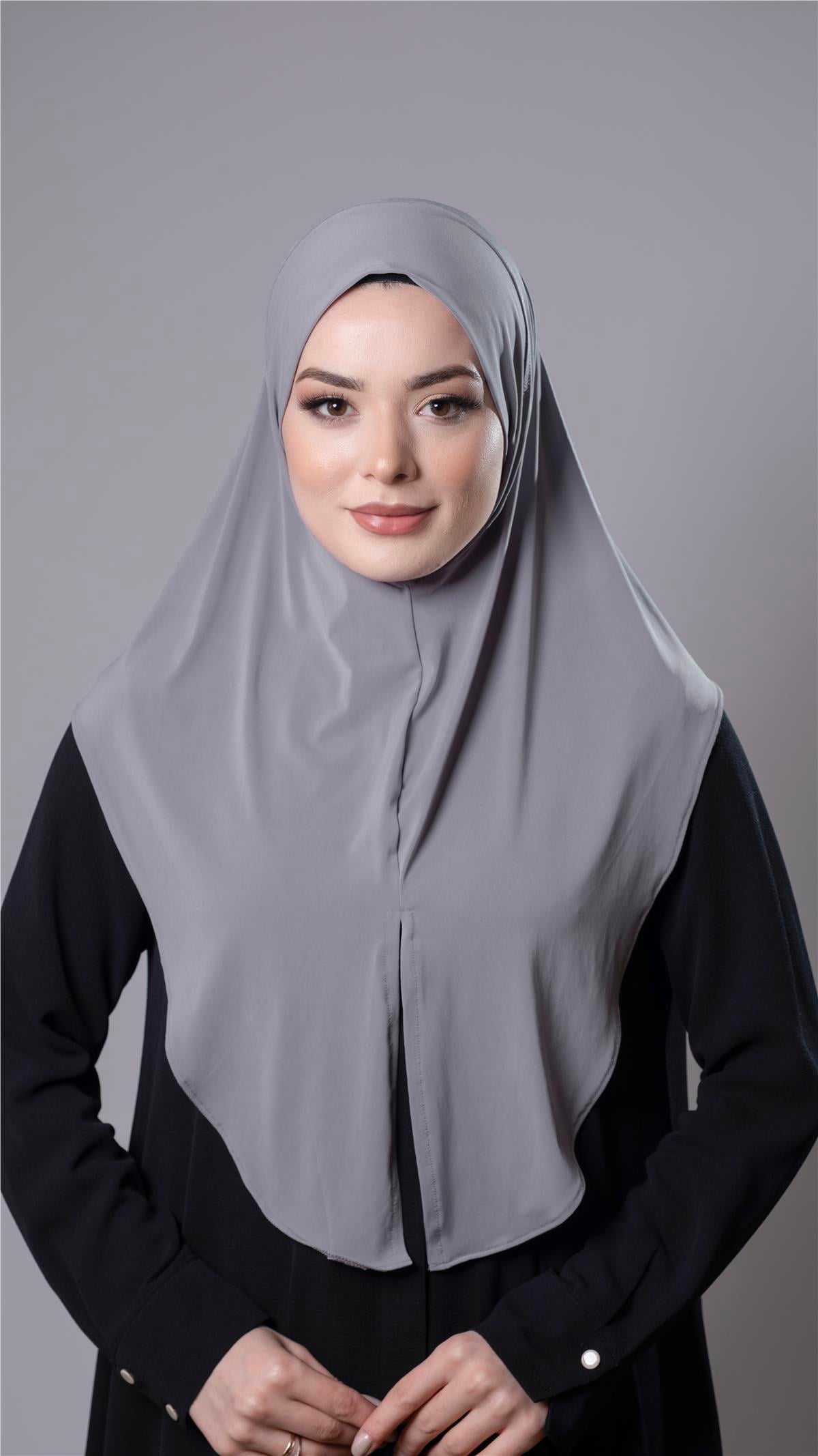 Gri Pratik Hazır Geçmeli Tesettür Eşarp Sandy Kumaş Yırtmaçlı Düz Hijab - Hürrem Bone 2310_15