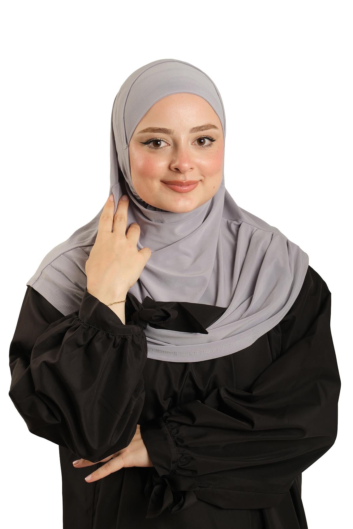 Gri Pratik Hazır Geçmeli Tesettür Eşarp Sandy Kumaş Kendinden Boneli - Hürrem Bone 1290_15