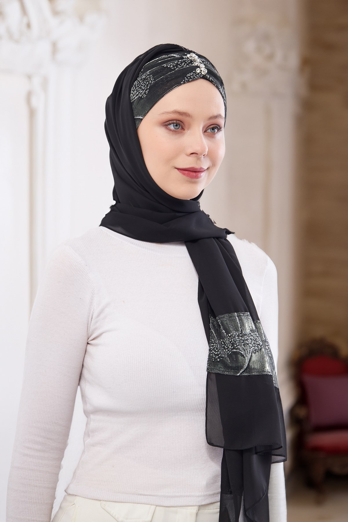 Gri Taşlı Arkadan Bağlamalı Şal Şifon Çiçek Desenli - Hürrem Bone 2319_15