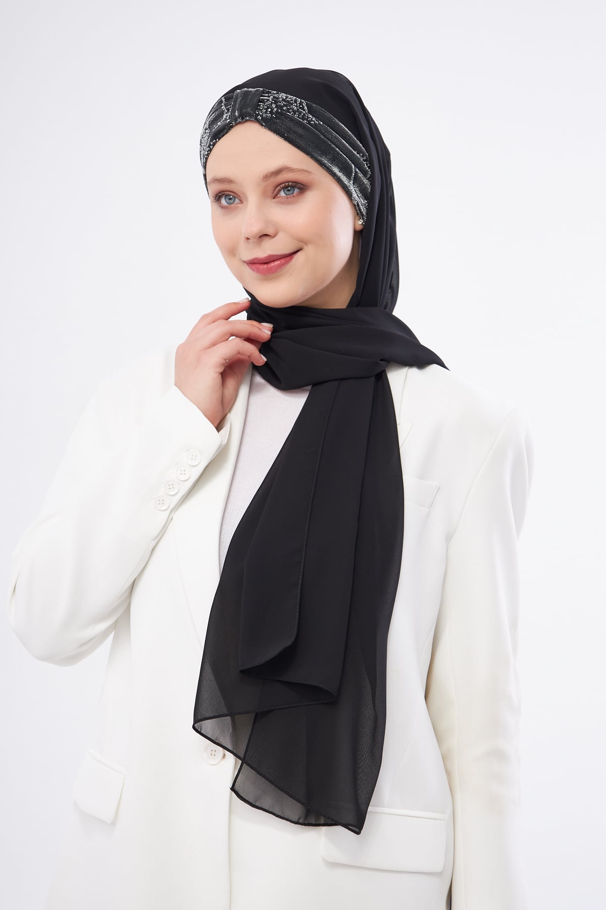 Gri Taşlı Arkadan Bağlamalı Şal Şifon Çiçek Desenli - Hürrem Bone 2318_15