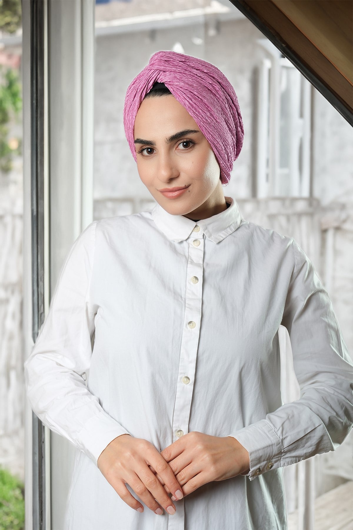Gül Kurusu Çapraz Büzgülü Piliseli Tesettür Bone Fukuro Kendinden Desenli - Hürrem Bone 2316_18