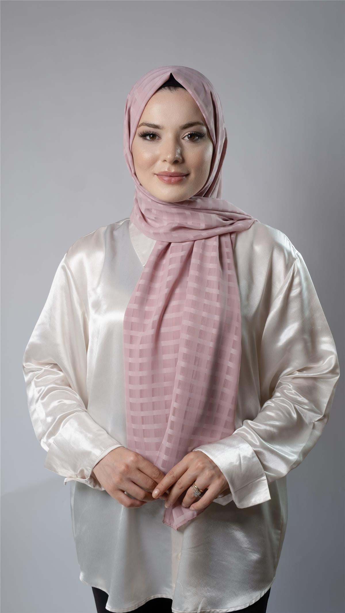 Gül Kurusu Desenli Şal Şifon Kumaş Kareli Çizgili - Hürrem Bone 202107_18