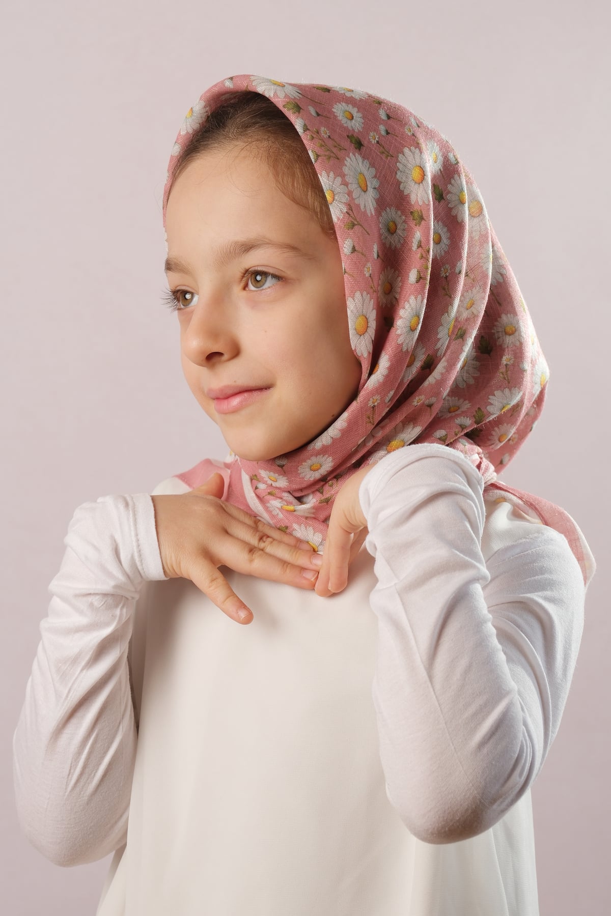 Gül Kurusu Dijital Baskılı Çocuk Tesettür Eşarp Pamuk Polyester Papatya Desenli - Hürrem Bone 6003_18