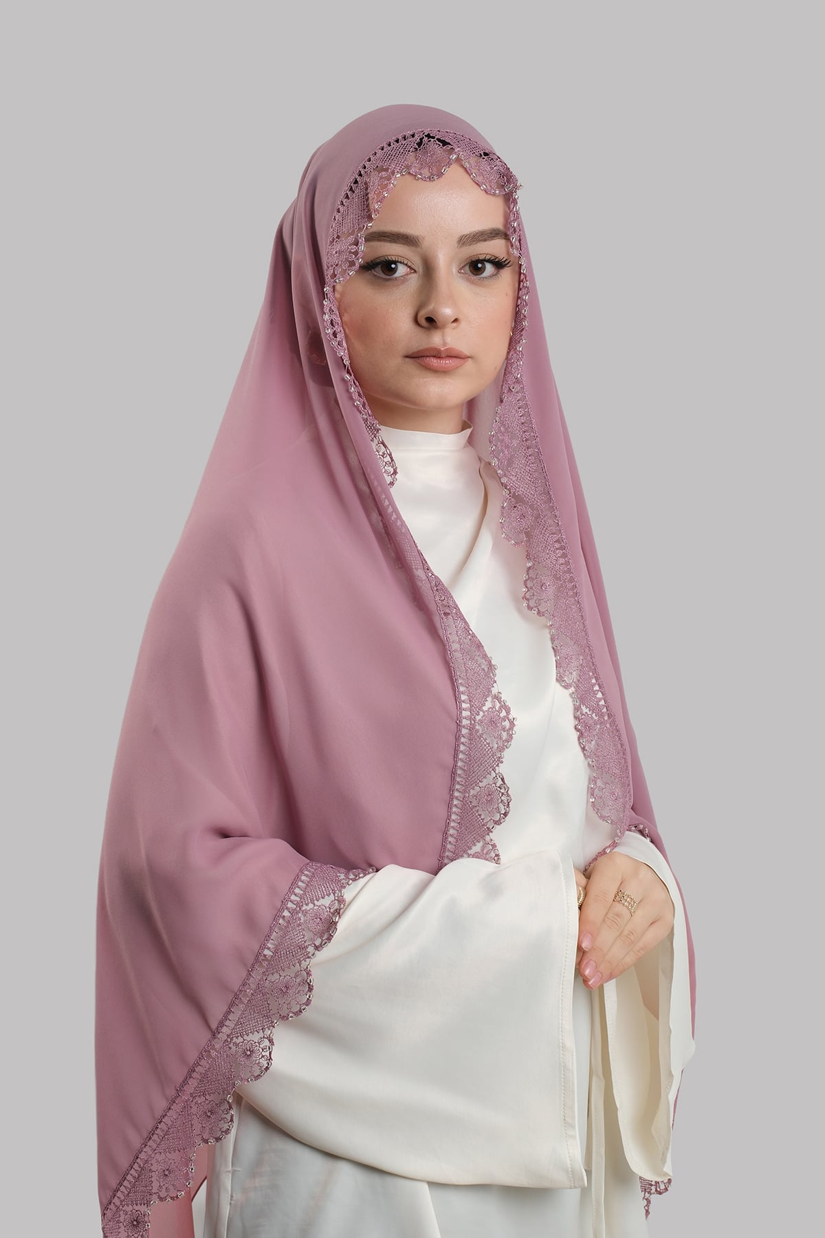 Gül Kurusu Nikah Namaz Başörtüsü Şal Şifon Boncuklu Güpürlü - Hürrem Bone 202131_18