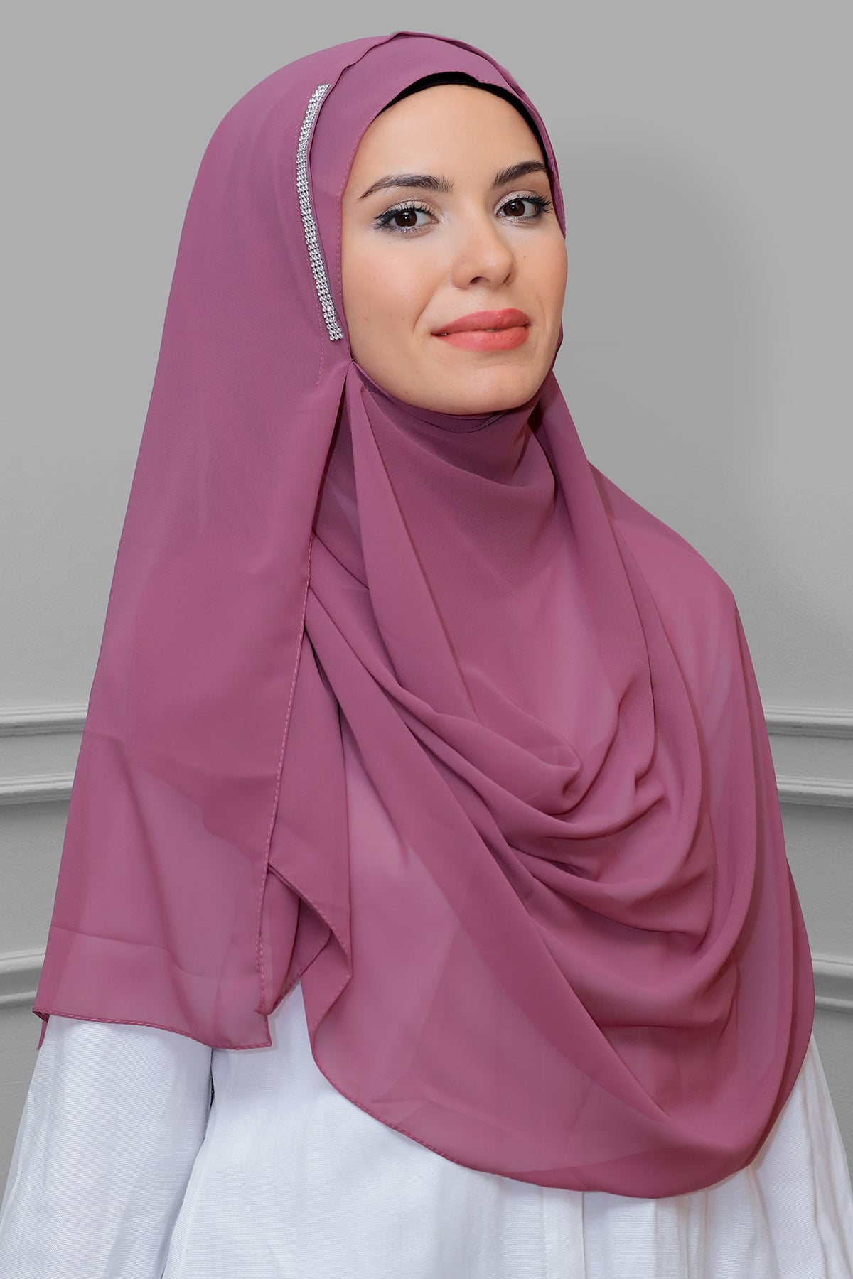 Gül Kurusu Pratik Hazır Geçmeli Malezya Şal Şifon Taşlı - Hürrem 1850