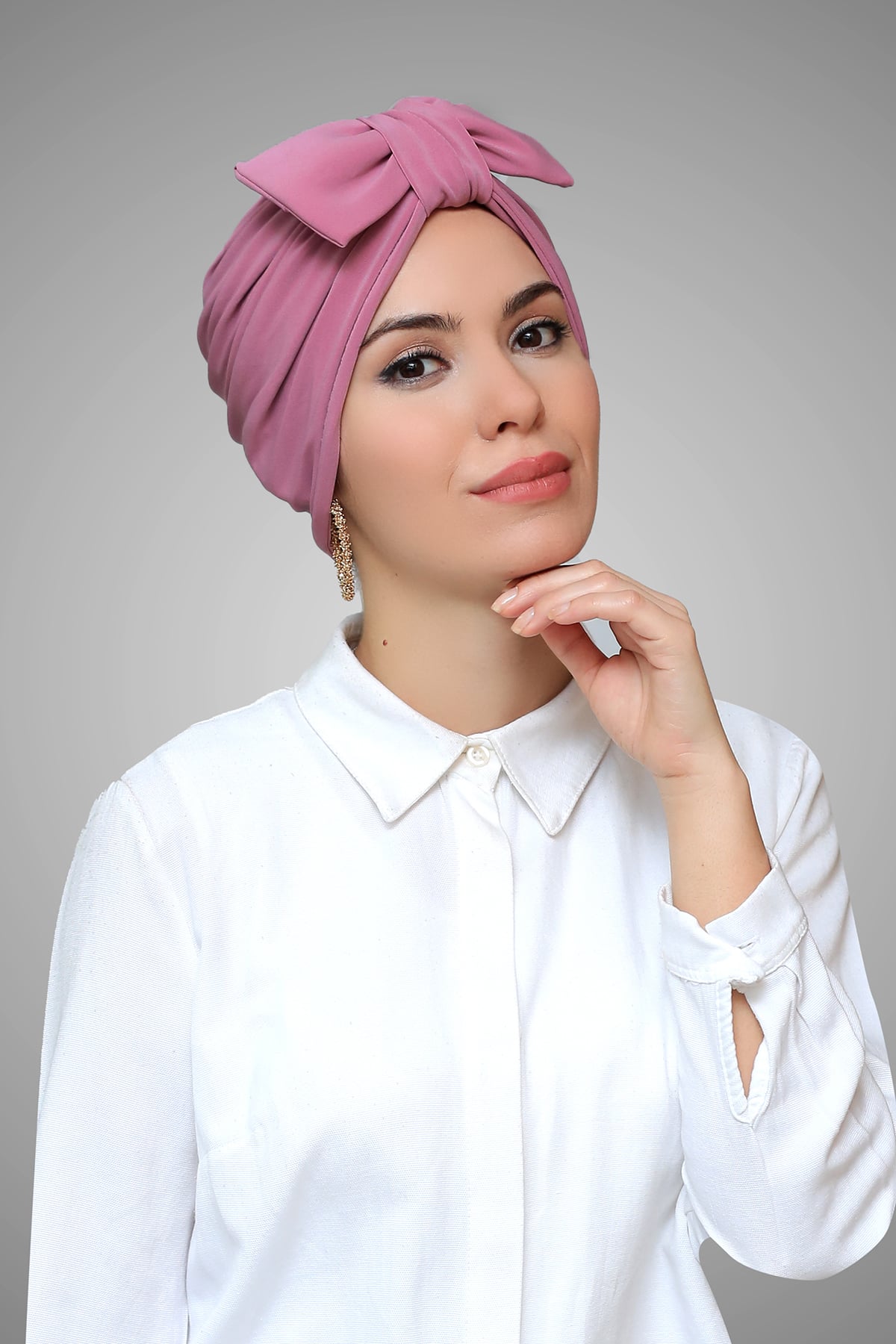 Gül Kurusu Pratik Hazır Geçmeli Tesettür Bone Sandy Kumaş Fiyonklu Büzgülü - Hürrem 7006