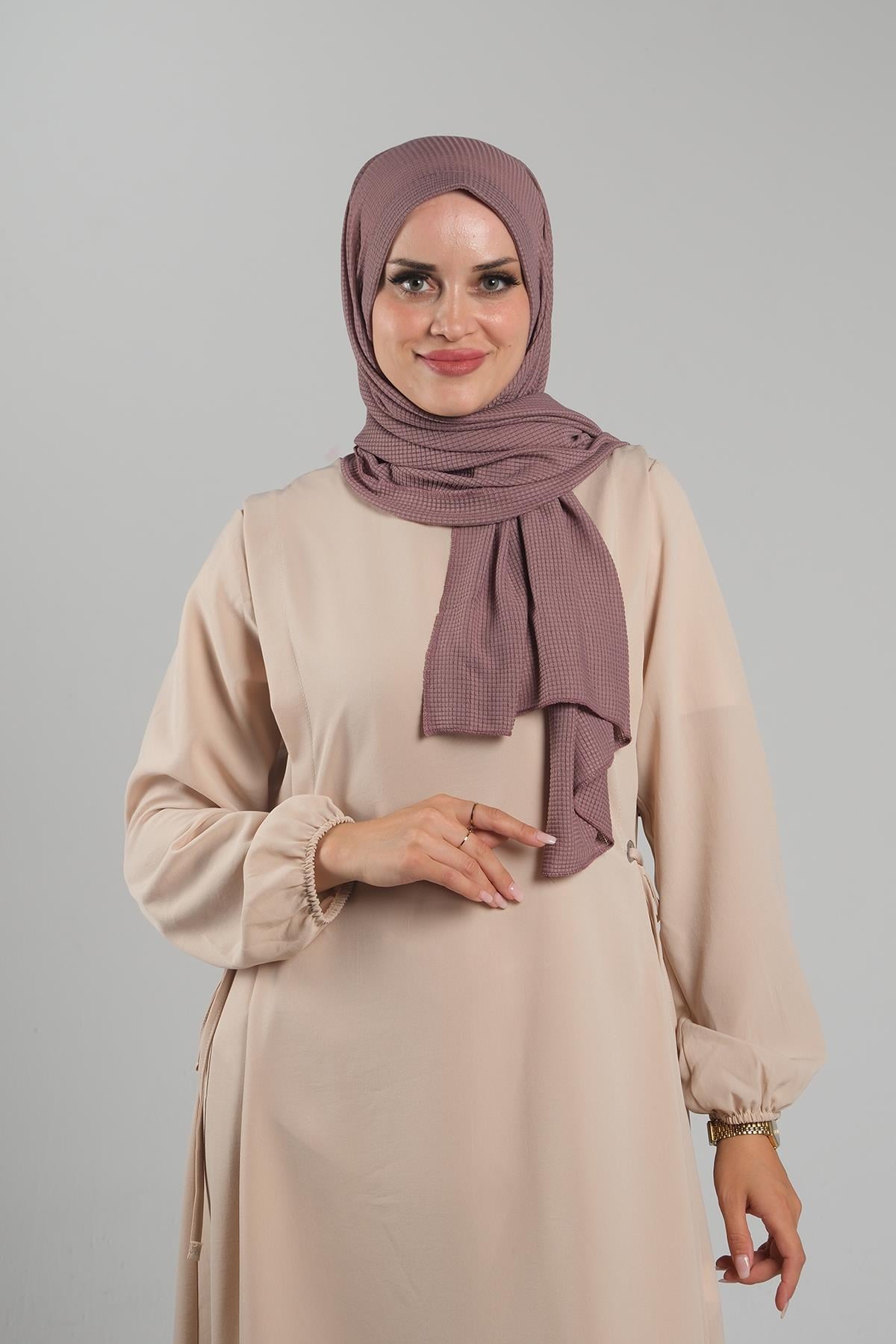 Gül Kurusu Pratik Hazır Geçmeli Tesettür Şal Örme Kumaş Sade - Hürrem Bone 2118_18