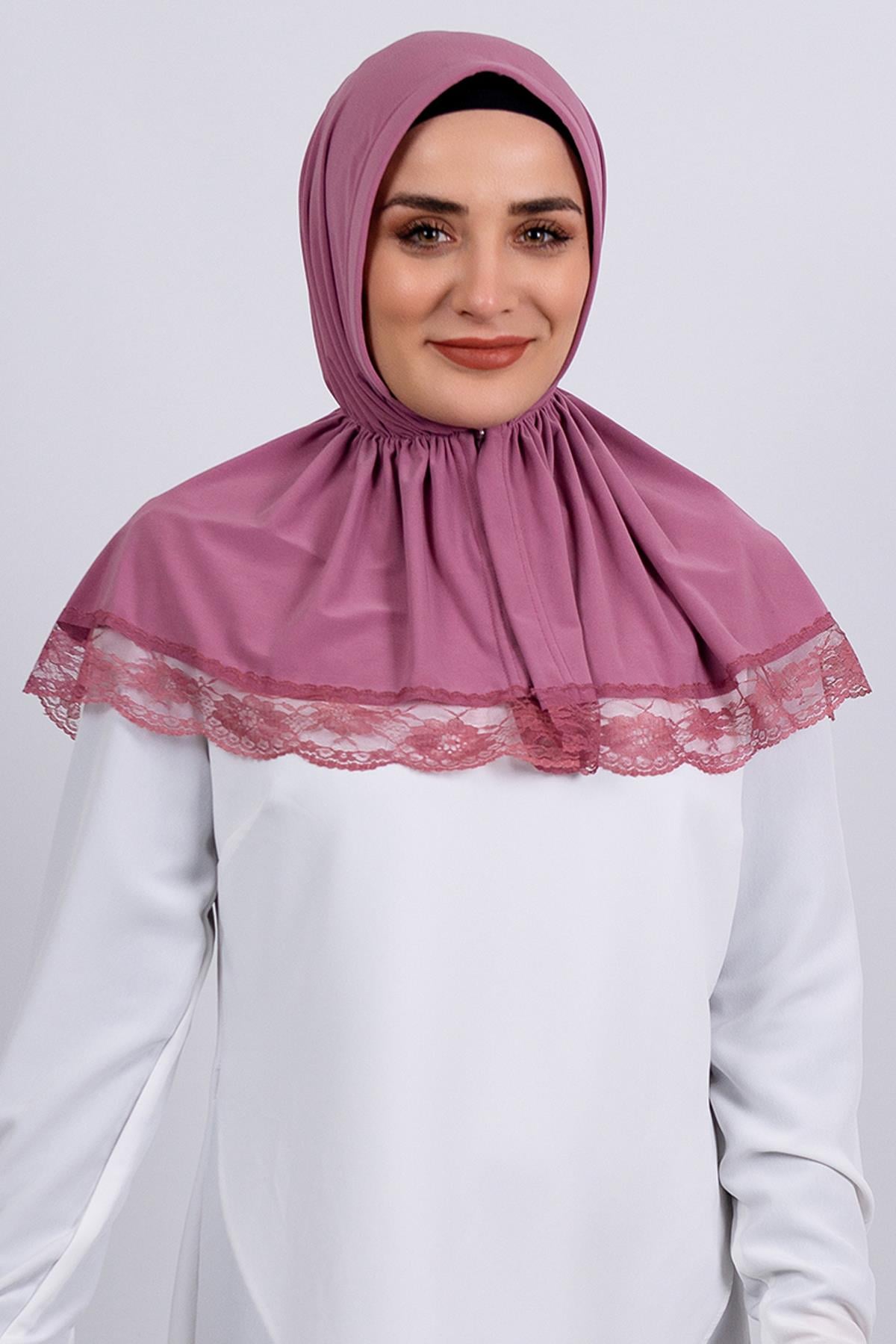 Gül Kurusu Pratik Hazır Geçmeli Tesettür Eşarp Viskon Kumaş Çıtçıtlı Dantelli - Hürrem Bone 2105_18