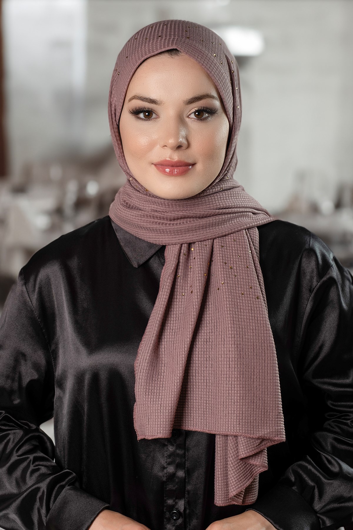 Gül Kurusu Pratik Hazır Geçmeli Tesettür Şal Örme Kumaş Taş Desenli - Hürrem Bone 2118T_18