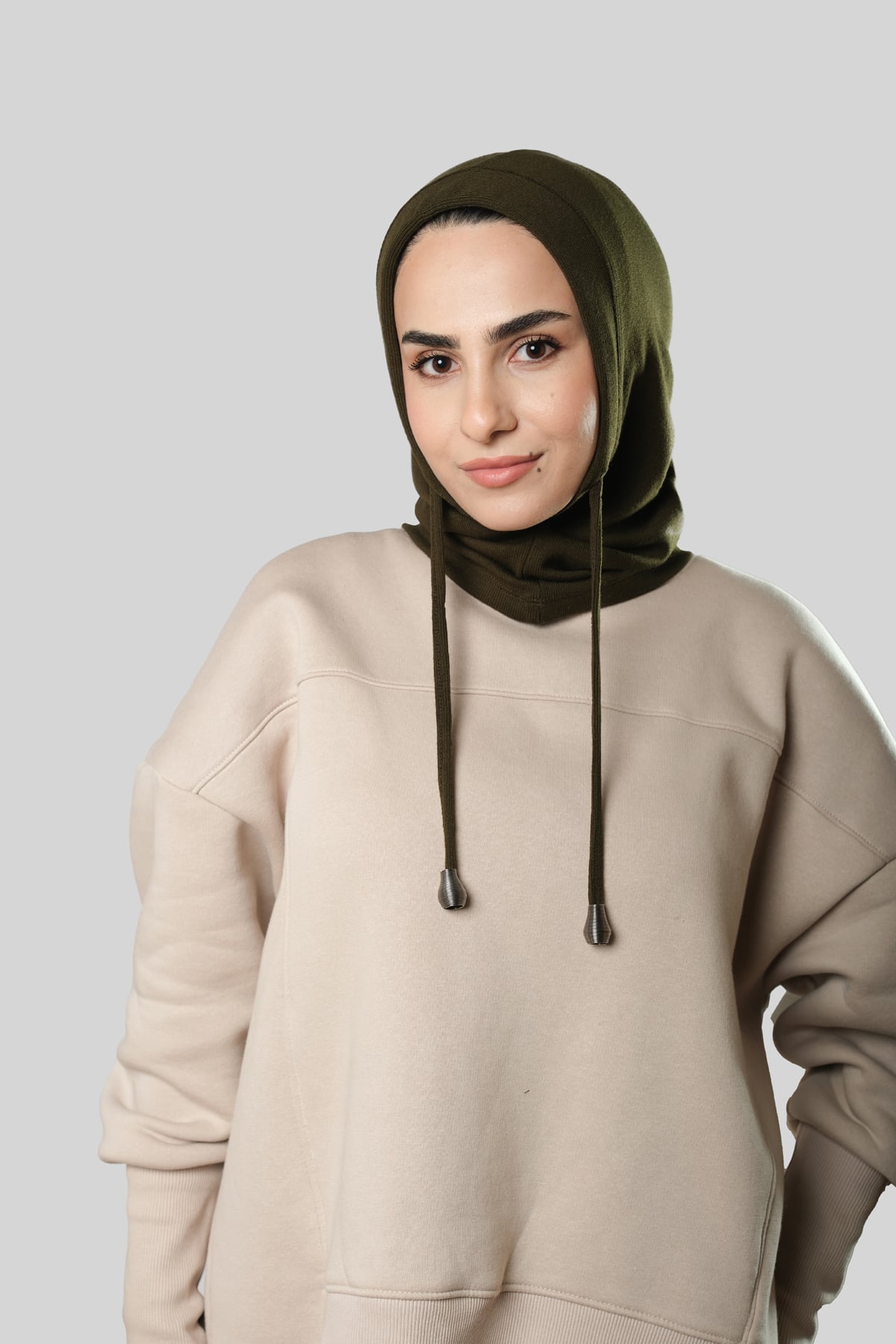 Haki Bağcıklı Balaklava Boyunluklu Bere Triko Düz - Hürrem Bone 2325_09