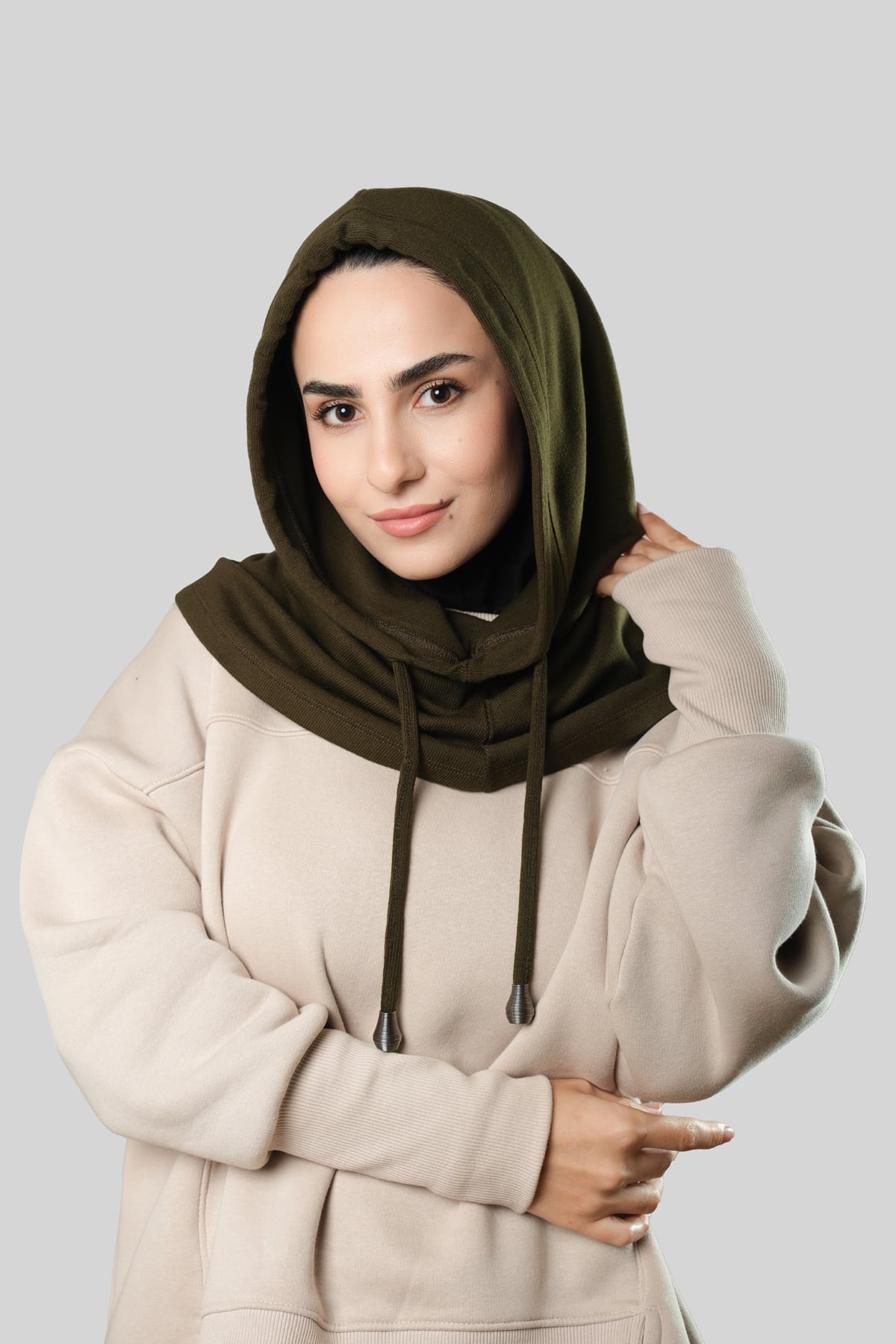 Haki Bağcıklı Salaş Balaklava Boyunluklu Bere Triko Düz - Hürrem Bone 2326_09