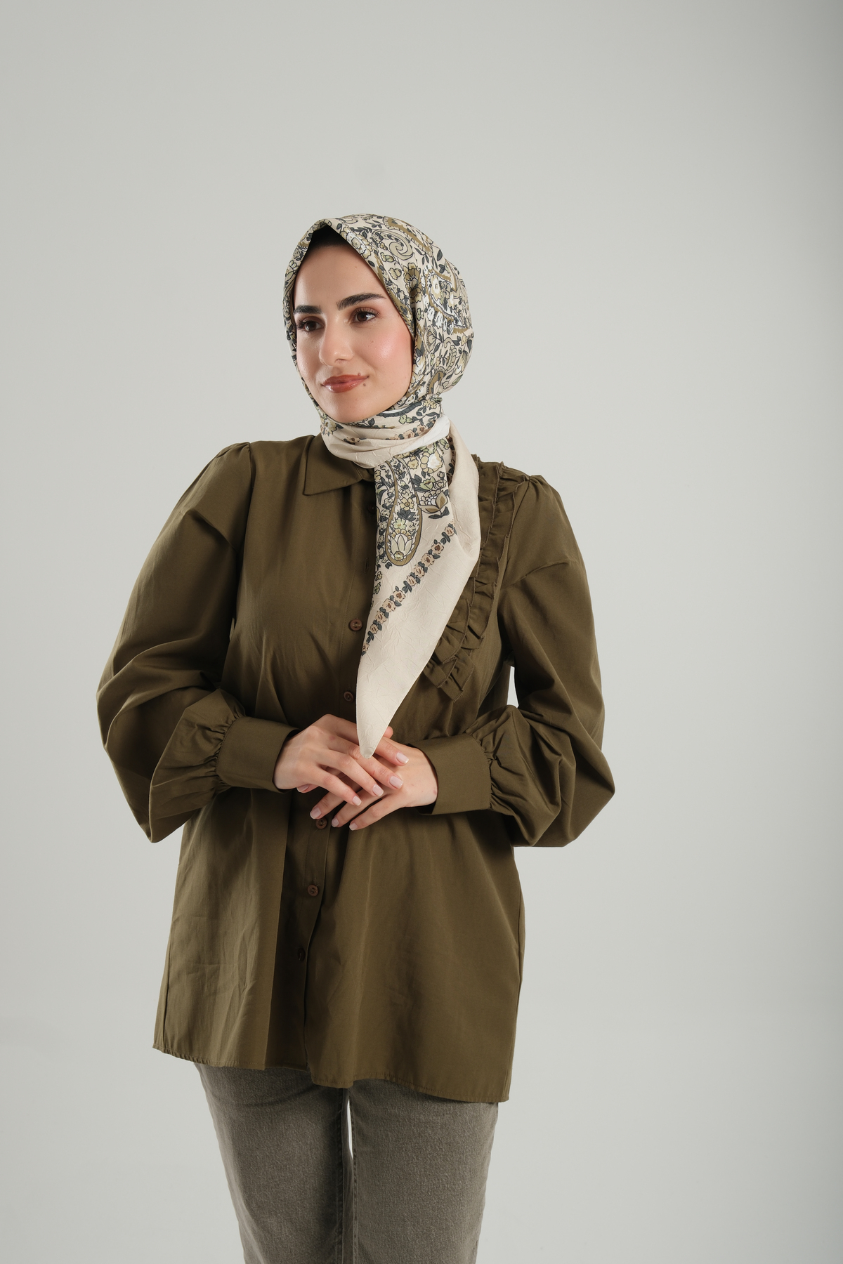 Haki Desenli Eşarp Bambu Çiçek Dijital Baskılı - Hürrem Bone 202208_09