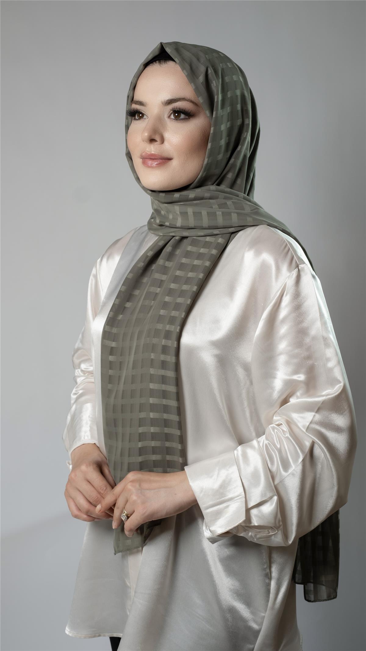 Haki Desenli Şal Şifon Kumaş Kareli Çizgili - Hürrem Bone 202107_09