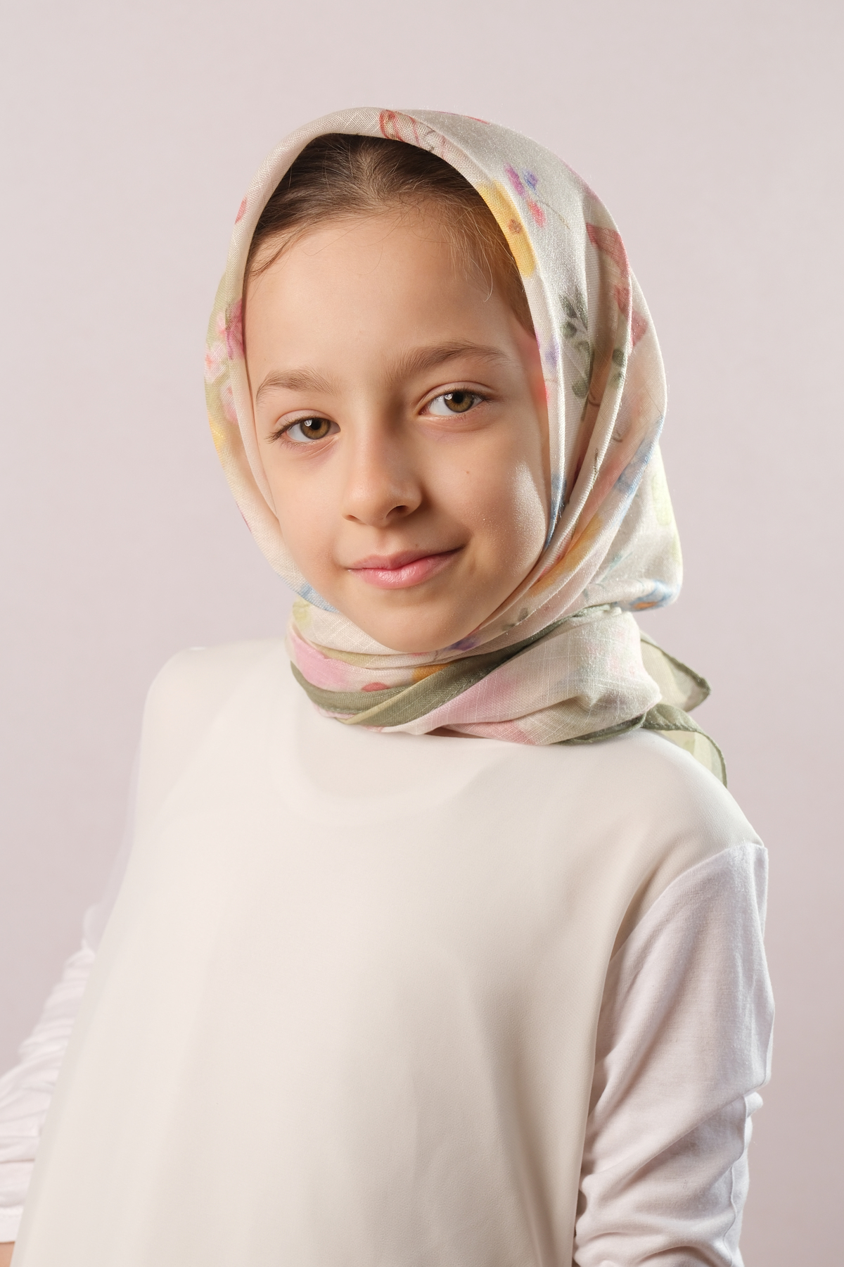 Haki Dijital Baskılı Çocuk Tesettür Eşarp Pamuk Polyester Çiçek Desenli - Hürrem Bone 6002_09