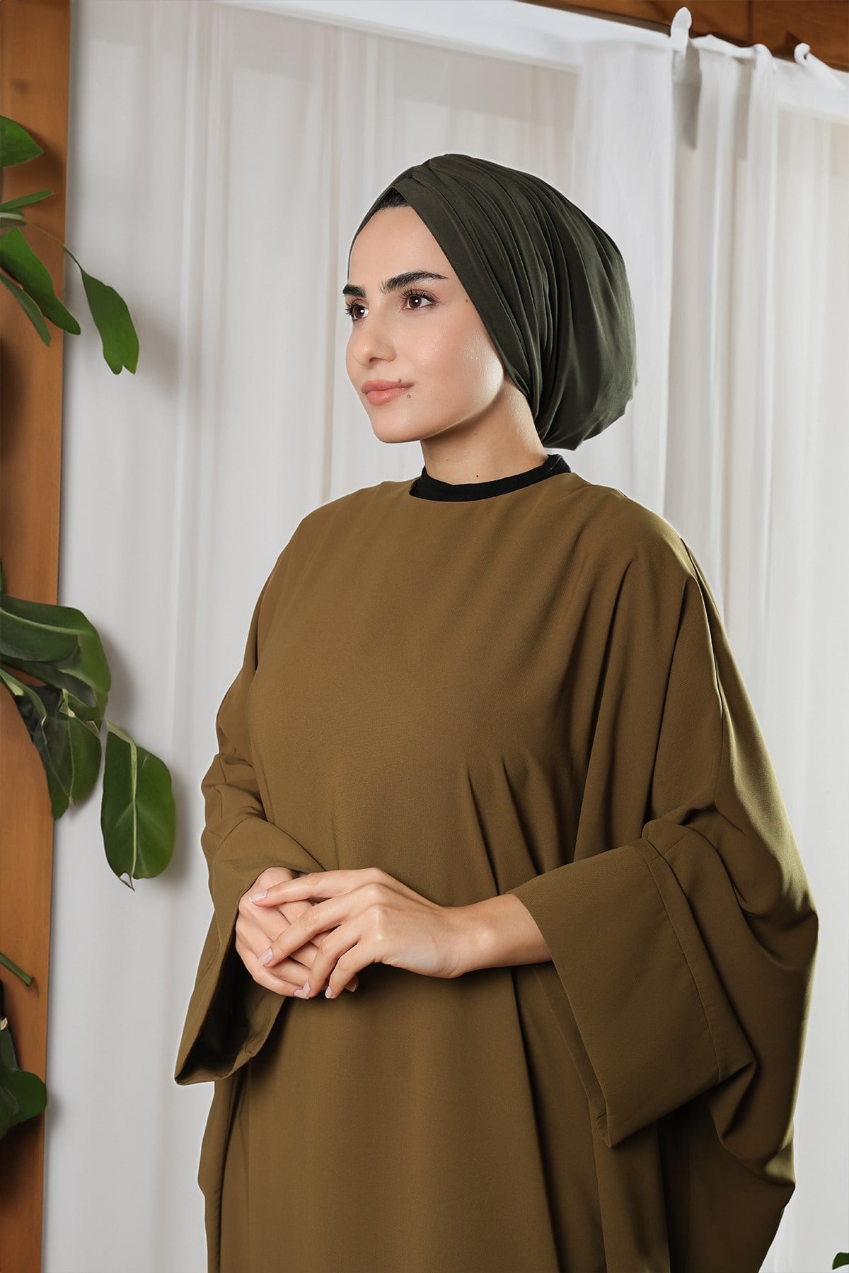 Haki Drapeli Salaş Tesettür Bone Sandy Büzgülü - Hürrem Bone 2315_09