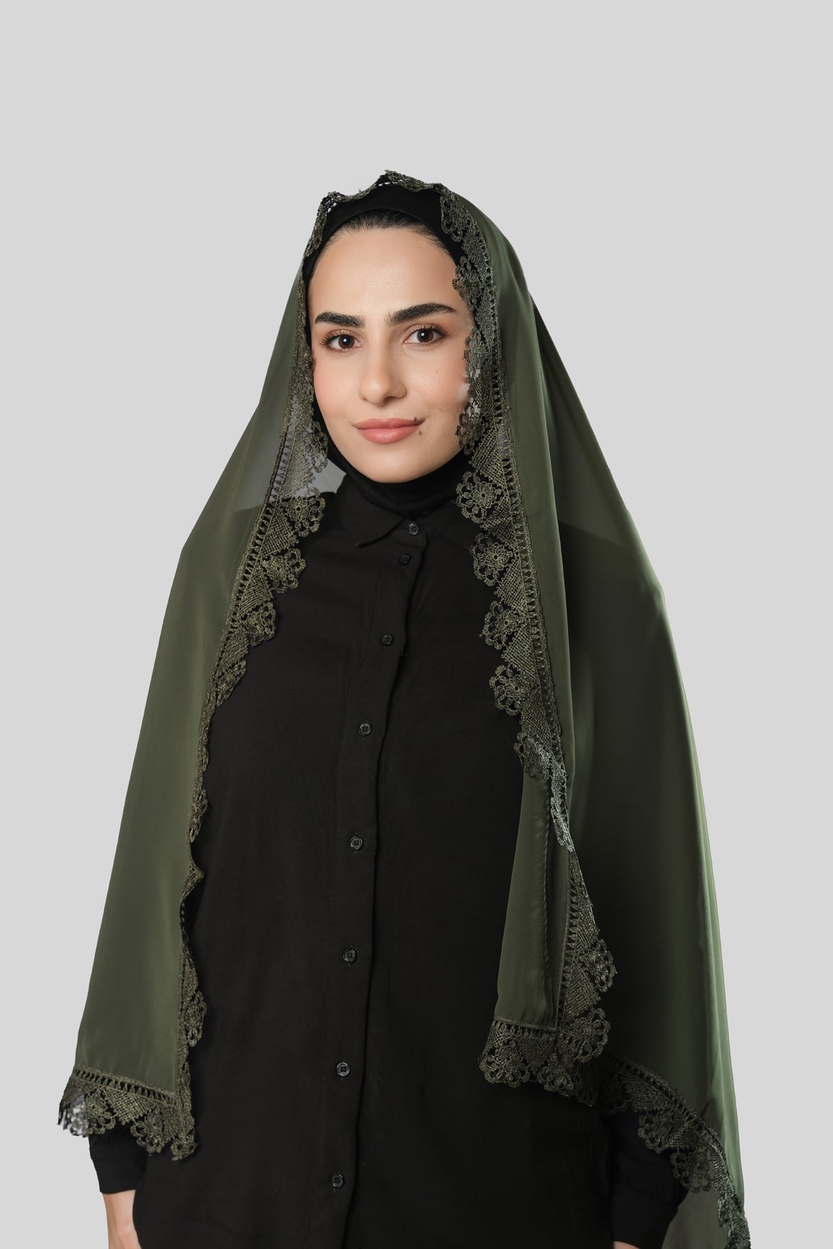 Haki Namaz Başörtüsü Şal Şifon Güpürlü - Hürrem Bone 202106_09