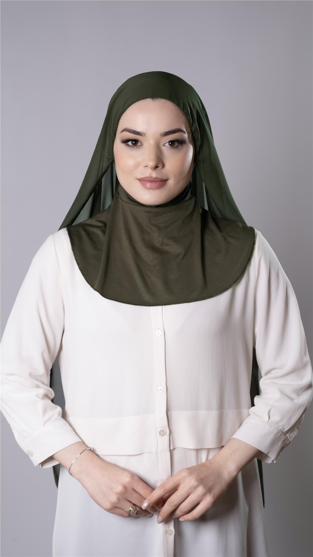 Haki Pratik Hazır Geçmeli Şal Şifon Kumaş Hijab Bone - Hürrem Bone 3009_09