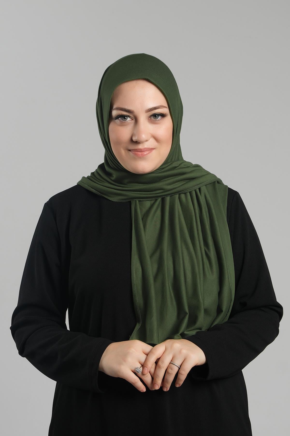 Haki Pratik Hazır Geçmeli Şal Viskon Önü Süngerli Penye Şal - Hürrem Bone 2202_09