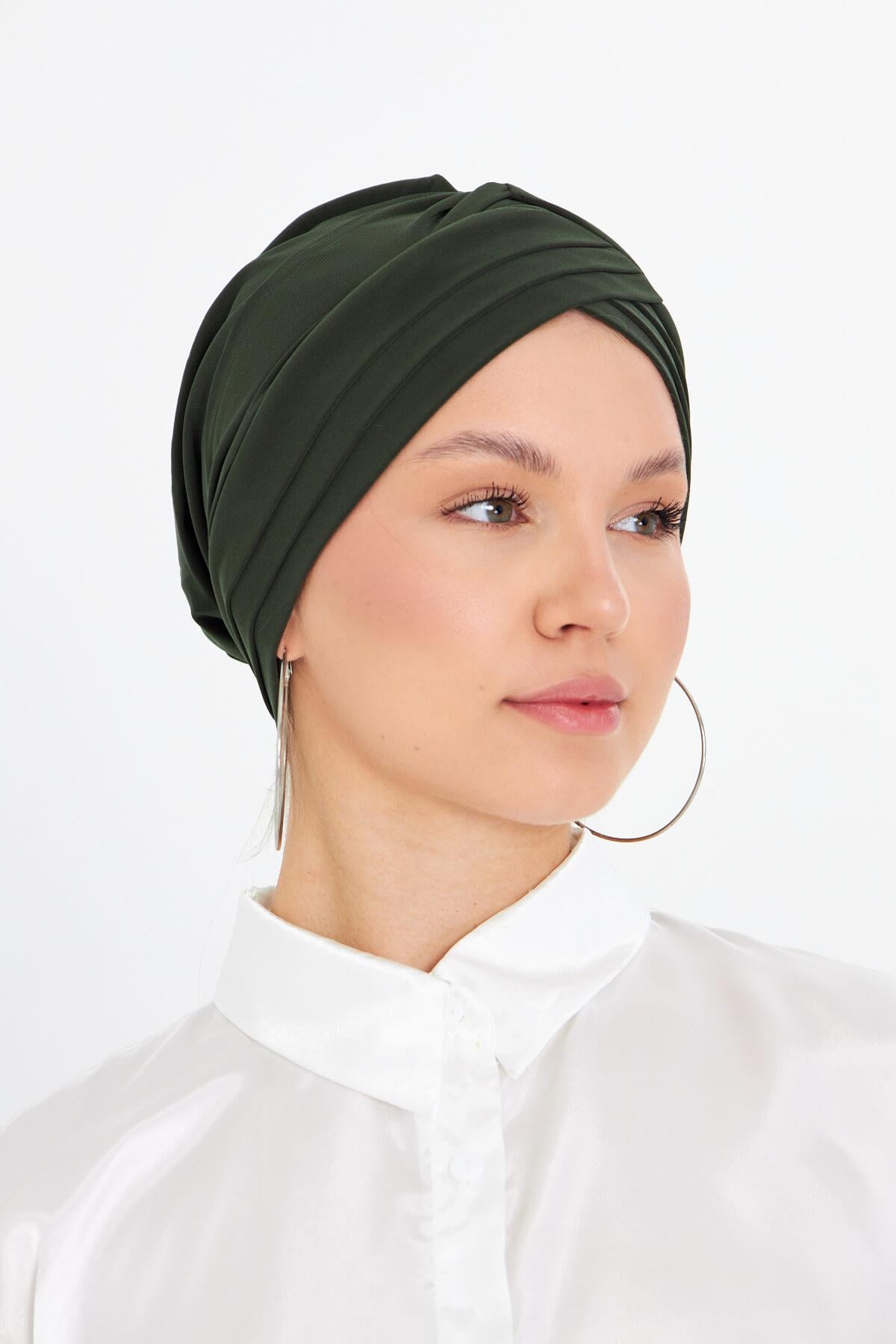 Haki Pratik Hazır Geçmeli Tesettür Bone Sandy Kumaş Üç Çapraz - Hürrem Bone 1803_09