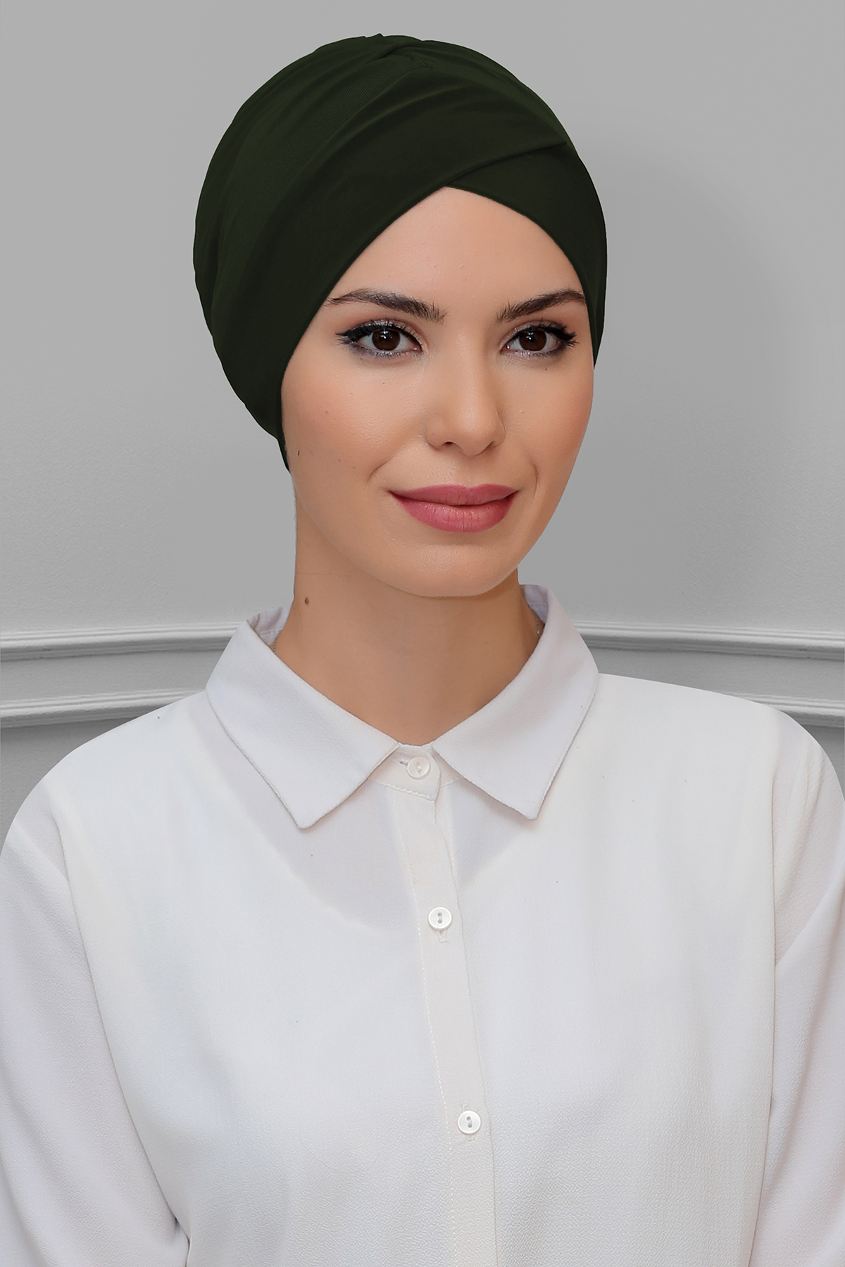 Haki Pratik Hazır Geçmeli Tesettür Bone Sandy Kumaş Çapraz Büzgülü - Hürrem 1801