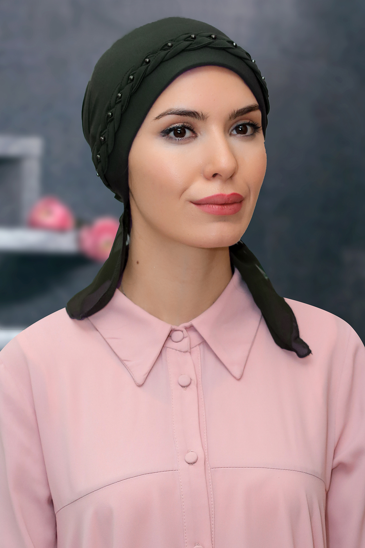 Haki Pratik Hazır Geçmeli Tesettür Bone Sandy Kumaş Örgülü Güllü - Hürrem 1203
