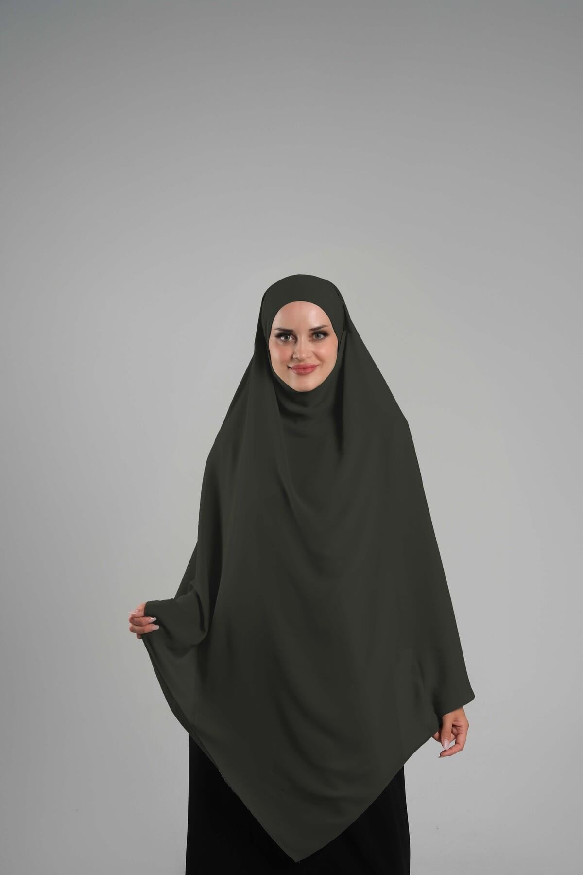Haki Pratik Hazır Geçmeli Tesettür Eşarp Krep Bağcıklı Sufle Hijab - Hürrem Bone 2313_09