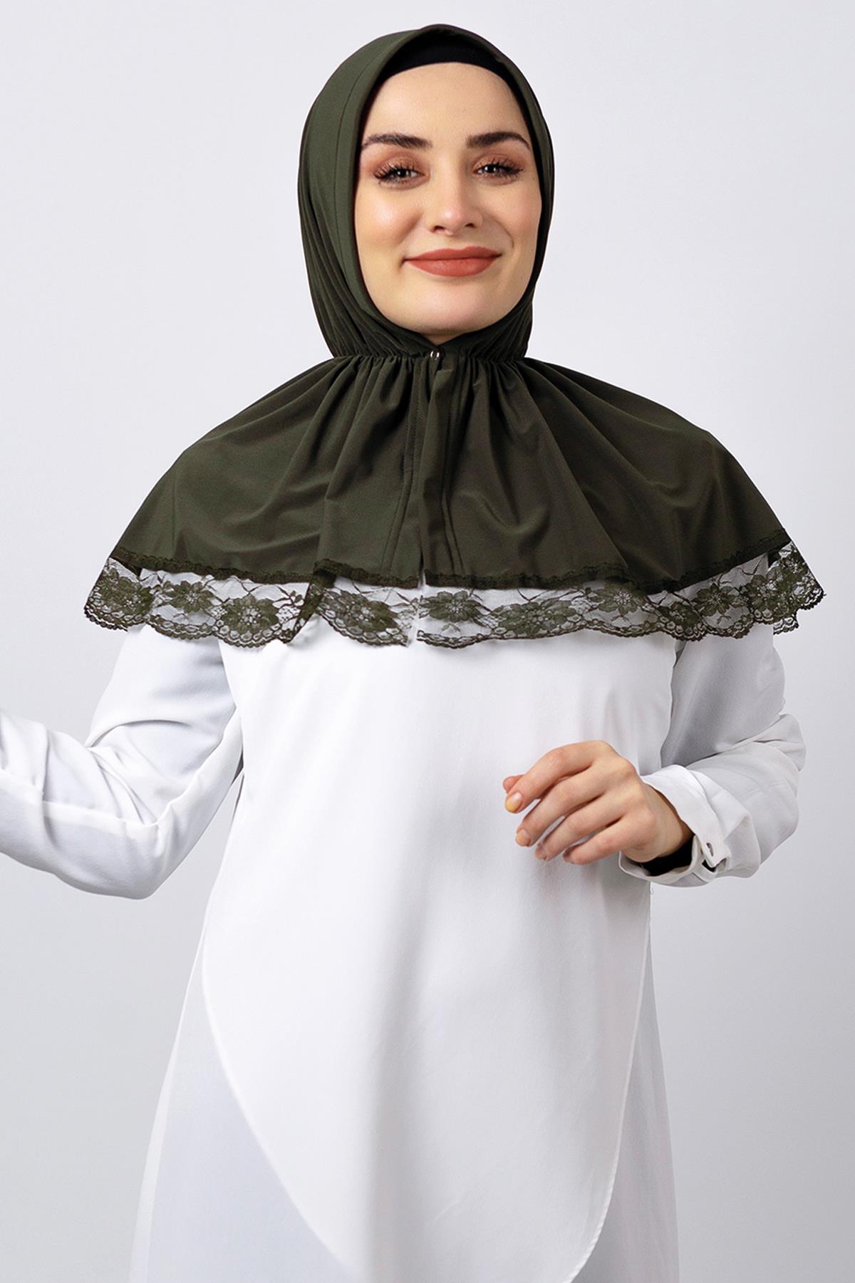 Haki Pratik Hazır Geçmeli Tesettür Eşarp Viskon Kumaş Çıtçıtlı Dantelli - Hürrem Bone 2105_09