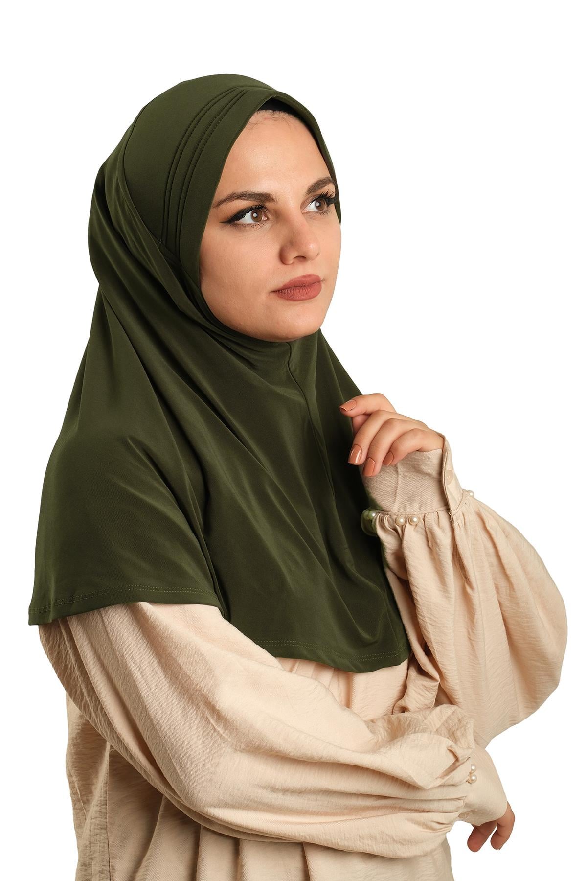 Haki Pratik Hazır Geçmeli Tesettür Eşarp Sandy Kumaş Sade - Hürrem Bone 1600_09