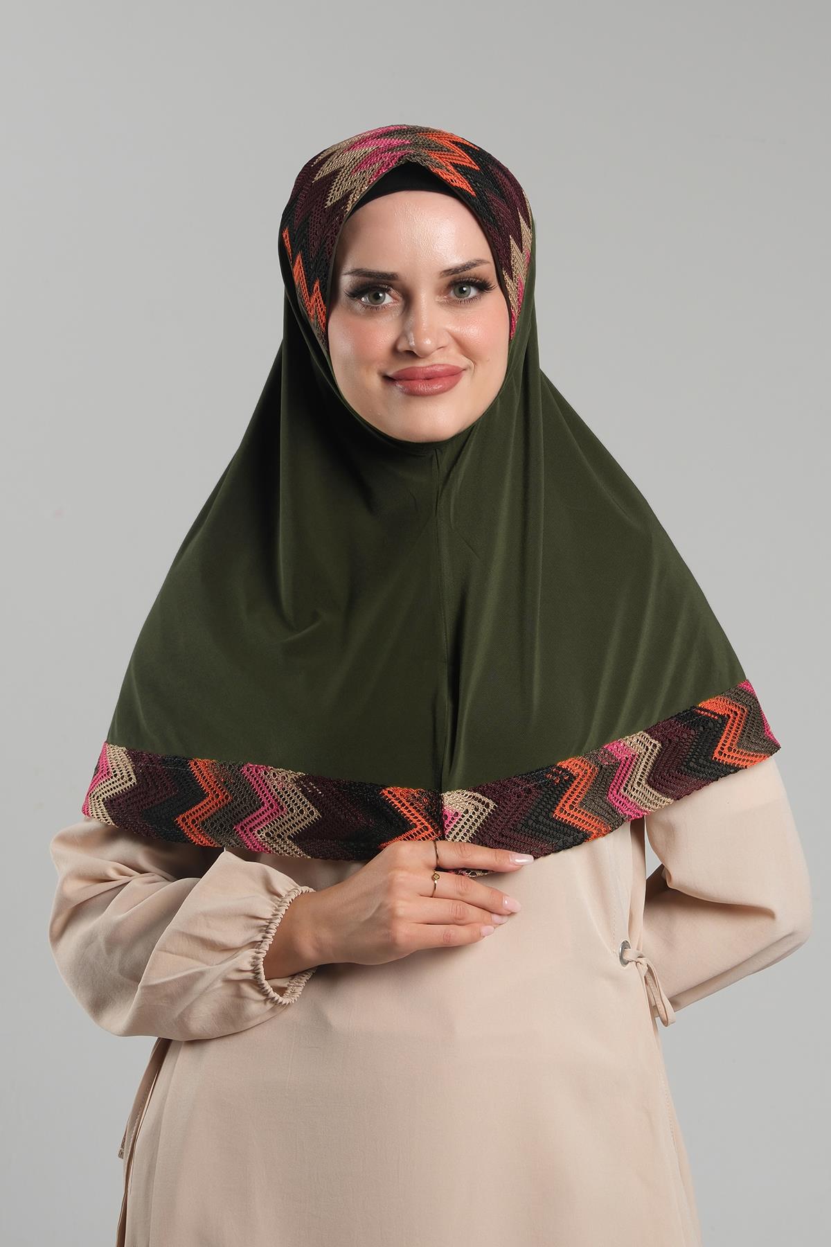 Haki Pratik Hazır Geçmeli Tesettür Eşarp Sandy Renkli Desenli Fileli - Hürrem Bone 2401_09