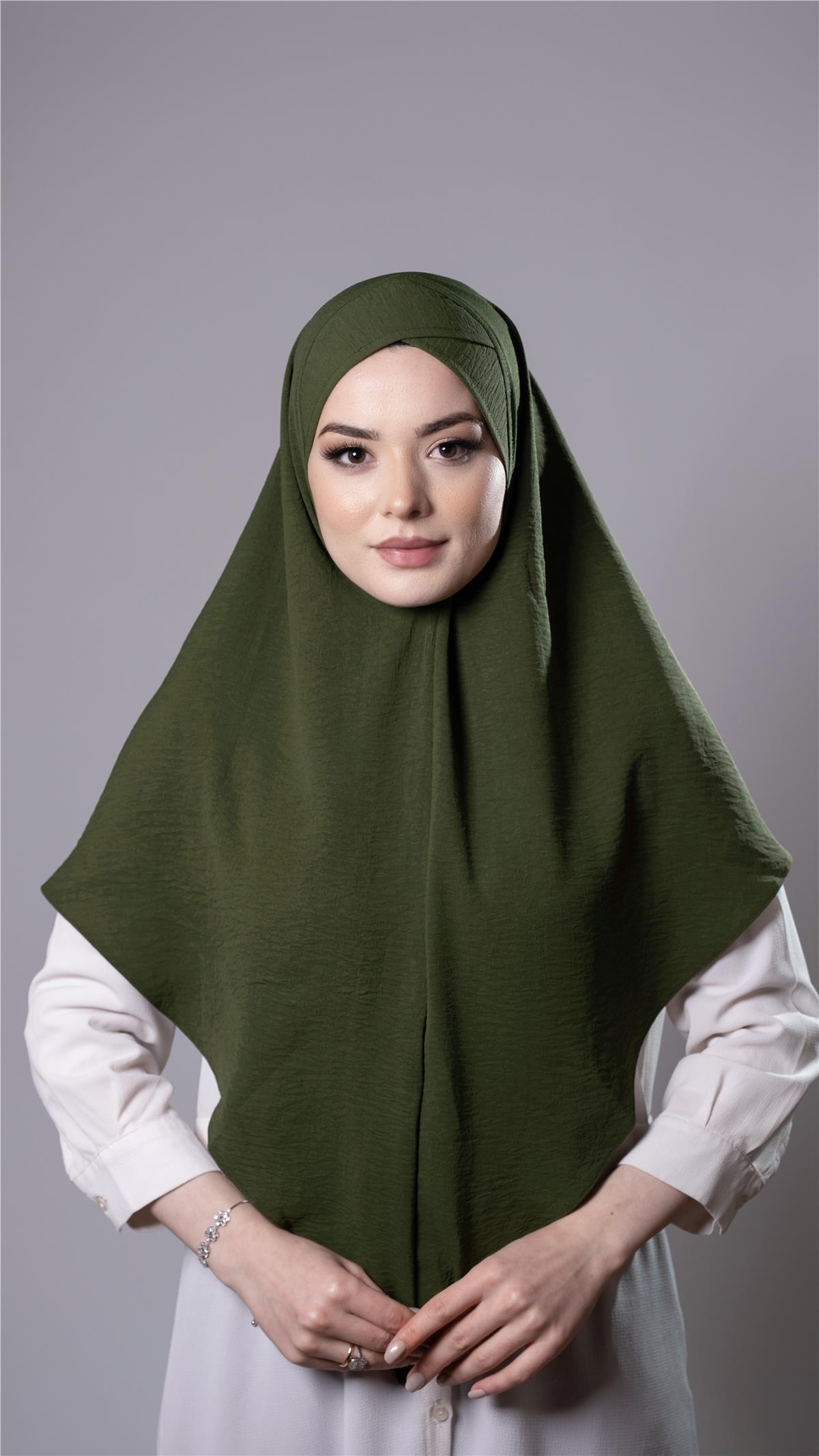 Haki Pratik Hazır Geçmeli Tesettür Eşarp Aerobin Kumaş  Çapraz Hijab - Hürrem Bone 2307_09